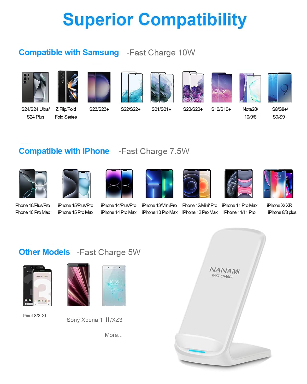 NANAMI Fast Qi Wireless Charging Stand with Wall Adapter - 10W Wireless Charger for iPhone 16/15 Pro Max/14/13/12/11/XR/XS Max/8 & Samsung Galaxy S25/S24 Ultra/S23/S22/S21 Plus/S20 FE/S10/S9 & Google Pixel 9/6 - Perfect for Home, Office, and Nightstand Charging