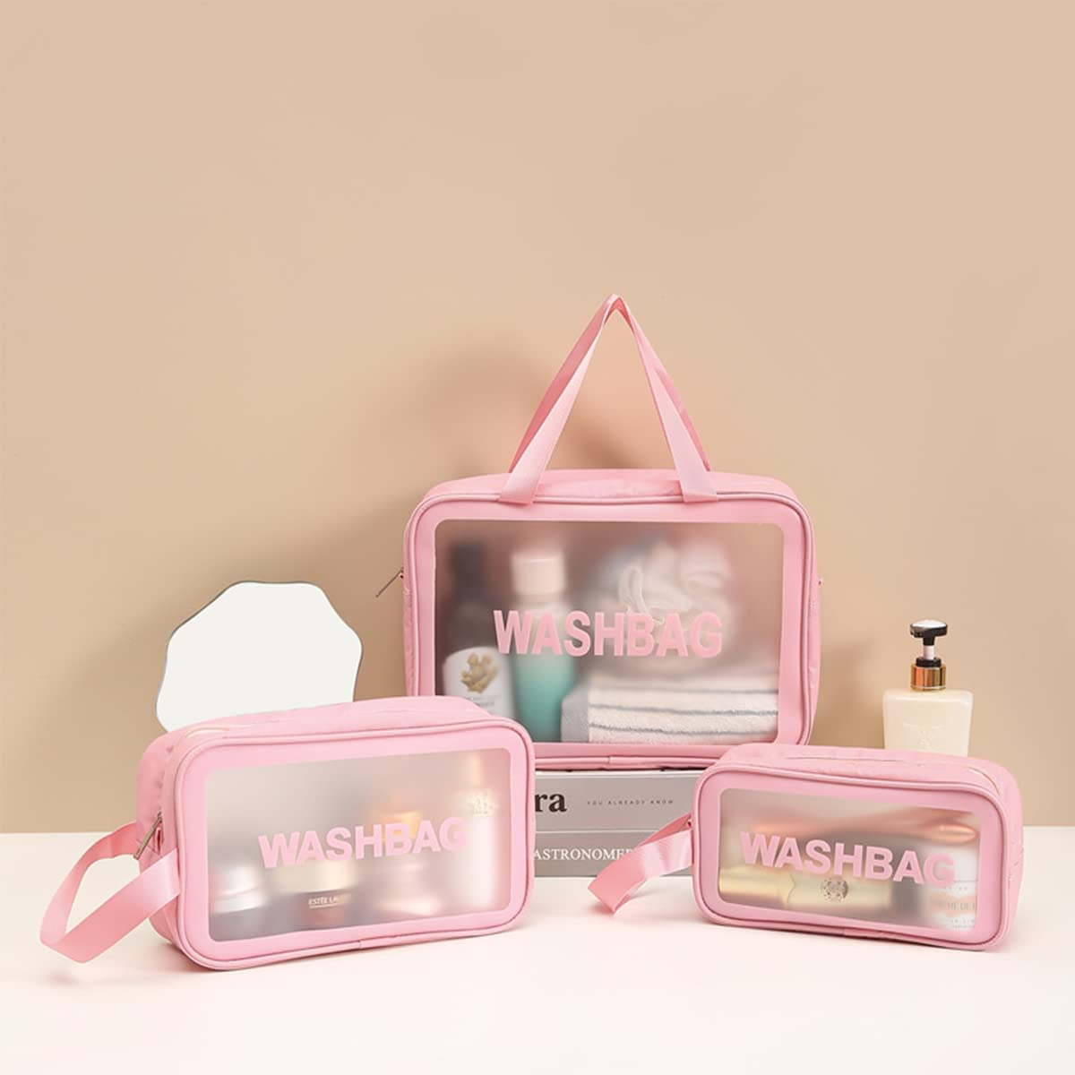 SHRBI 3-Piece Cosmetic Makeup Bag Set - Travel Toiletry Organizer for Cosmetics, Brushes & Accessories - Light Pink & Black Washable Pouch - Perfect for Home, Travel & Gym Essentials Storage