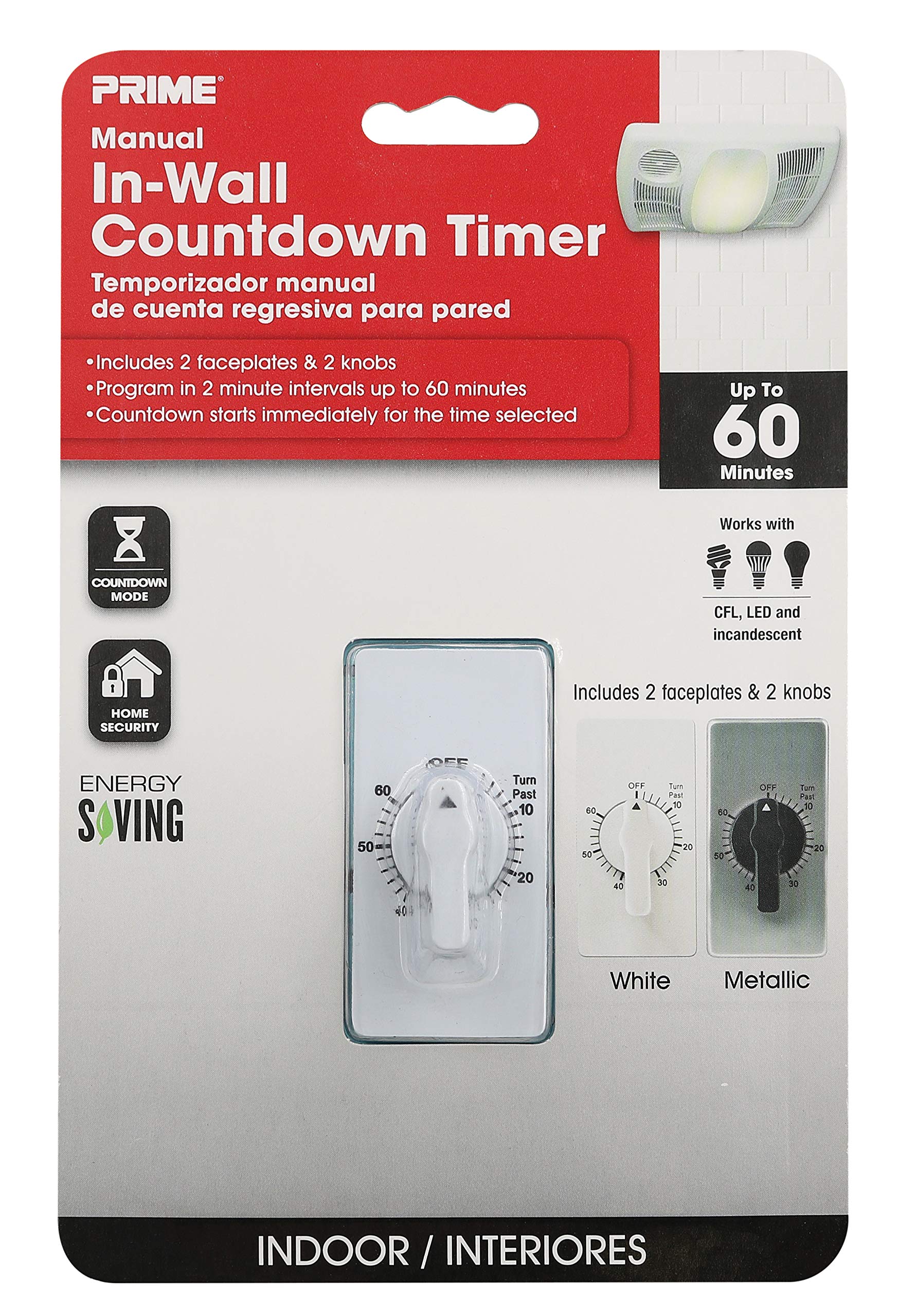 Prime Wire & Cable TNIW060 In-Wall 60 Minute Countdown Thumb Dial Timer - Smart Home Automation for Lights, Fans & Appliances | Perfect for Bathroom Exhaust, Grow Rooms & Energy Savings