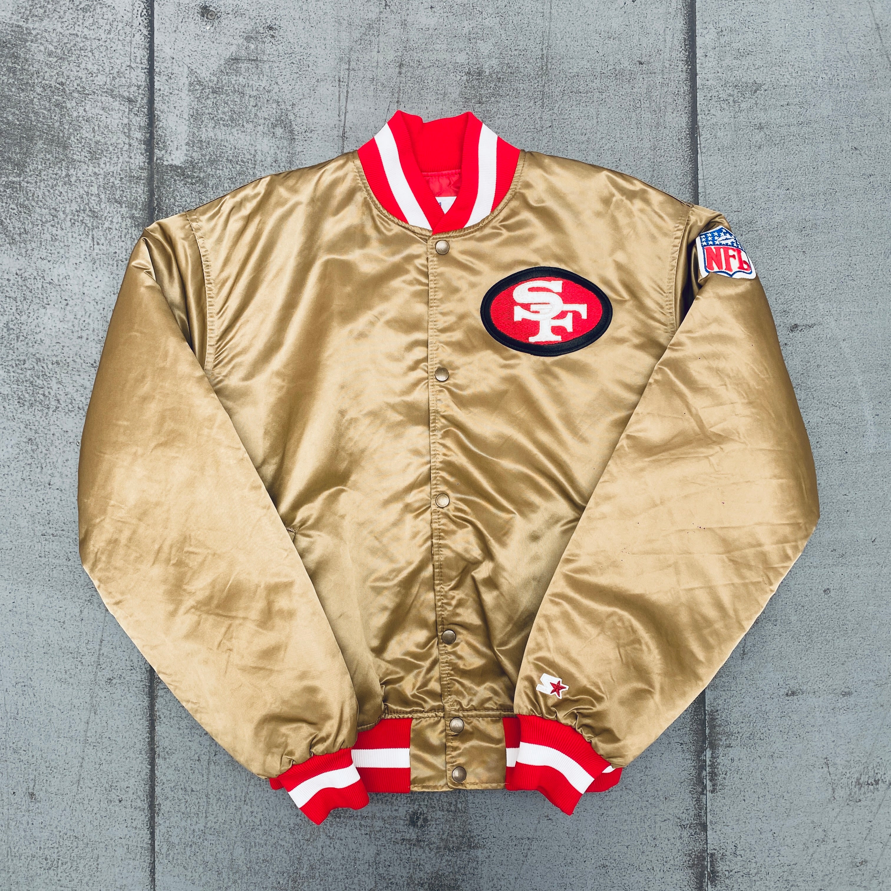 Vintage 1980s San Francisco 49ers Satin Reverse Spellout Starter Bomber Jacket - XL Size | NFL Football Fan Apparel for Game Day & Retro Fashion