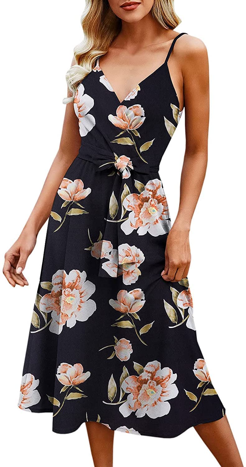 FMCHICO Women's Floral Print Spaghetti Strap Summer Dress - V Neck Sleeveless Sundress for Beach, Vacation & Casual Outings