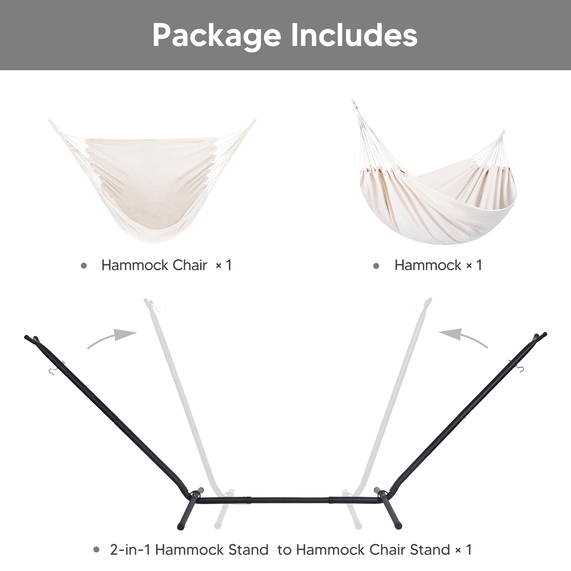 SUNCREAT 2-in-1 Convertible Hammock with Stand - Outdoor Patio Swing Bed & Relaxation Chair - Beige - Perfect for Backyard, Garden, Beach, and Camping