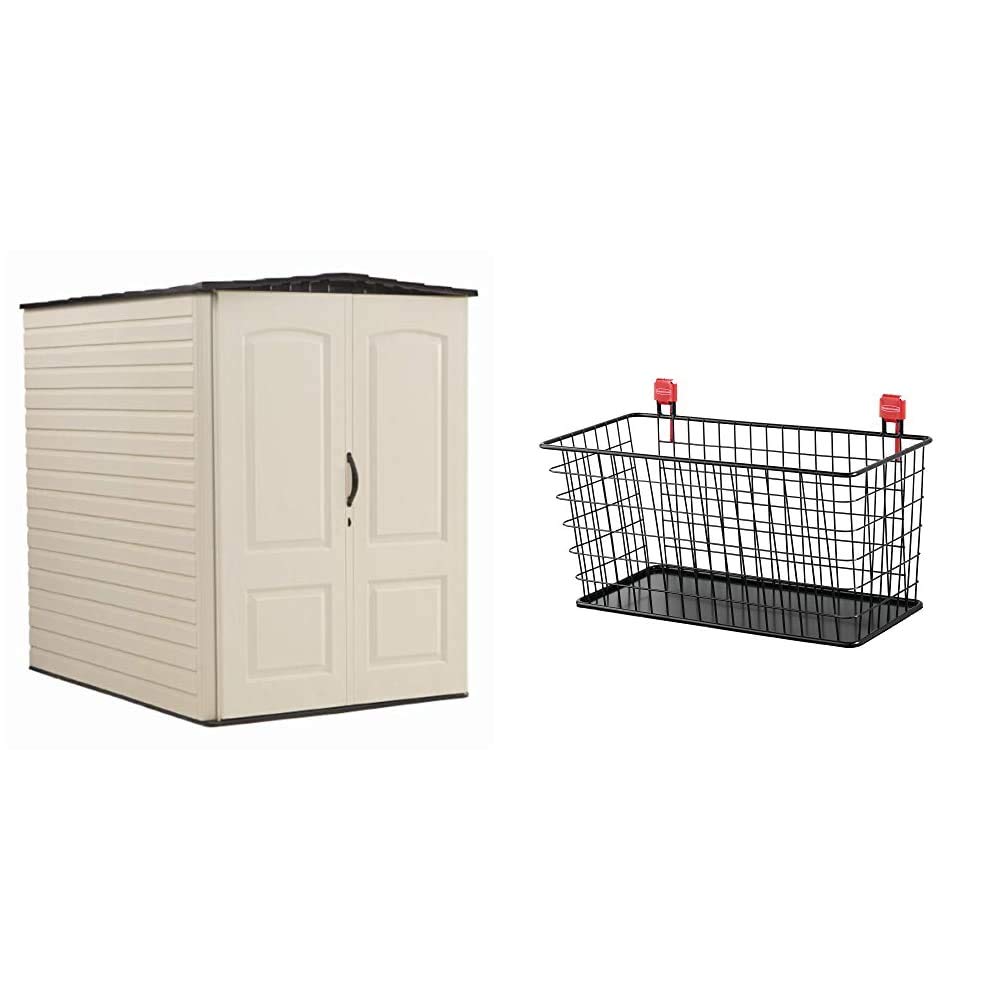 Rubbermaid 5x6 Feet Large Vertical Resin Outdoor Storage Shed - Weather Resistant Sandstone Garden Shed with Black Wire Basket Accessories - Perfect for Backyard, Patio & Lawn Equipment Organization