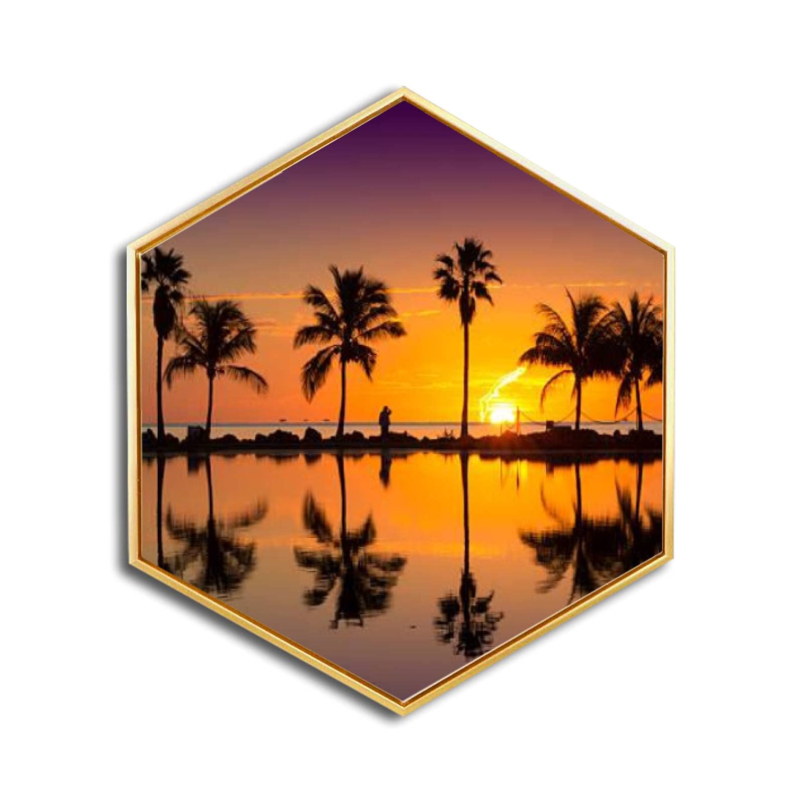 Sunrise in Miami Canvas Wall Art - Golden Framed Giclee Print - Modern Minimalist Hexagon Wall Decor for Home & Office - Ready to Hang - Perfect for Living Room, Bedroom & Workspace Decor