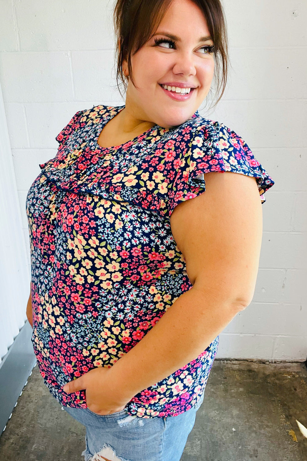 Navy Blue Floral Print Short Sleeve Blouse with Frilled Yoke - Women's Casual Summer Tops for Beach, Vacation & Date Night Outfits