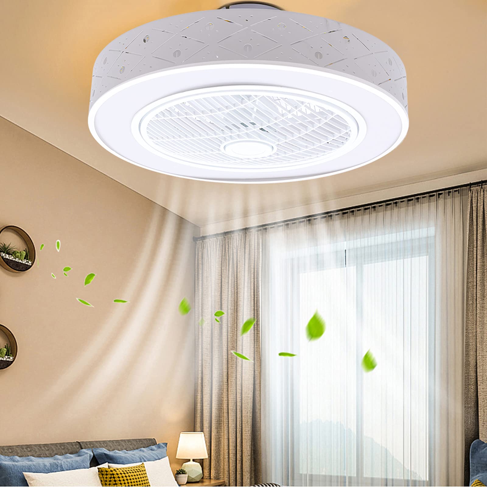 50CM Round Bladeless Ceiling Fan with LED Light Kit - Color Changing Acrylic Semi-Flush Mount Lighting Fixture for Bedroom, Ultra Thin Lampshade (Pineapple Bead Design) - Perfect for Modern Home, Office and Nursery Room Decor