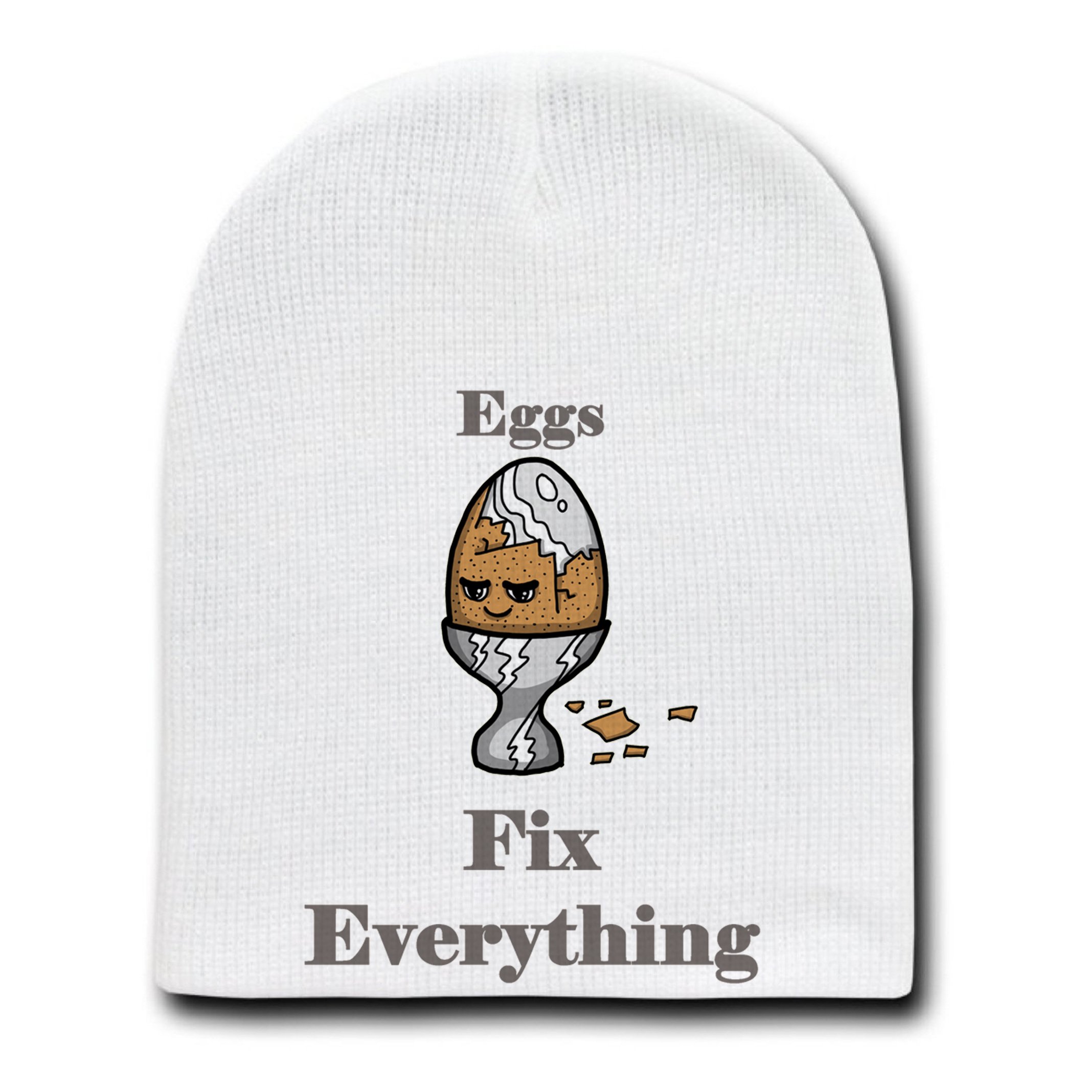 Eggs Fix Everything Food Humor Cartoon Beanie - Funny White Skull Cap Hat for Men & Women | Perfect for Winter, Gifts, and Casual Outfits