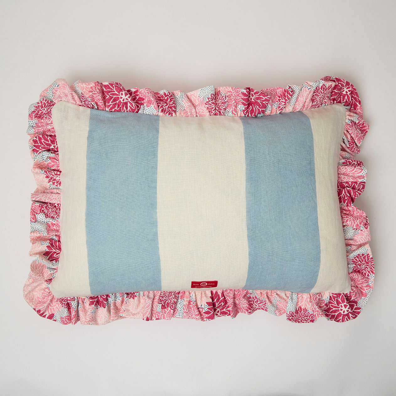 Premium Cushion Cover with Frill Trim - Dahlia Hot Pink & Blue Wide Stripe Design - Perfect for Sofa, Bedroom Decor, and Home Styling