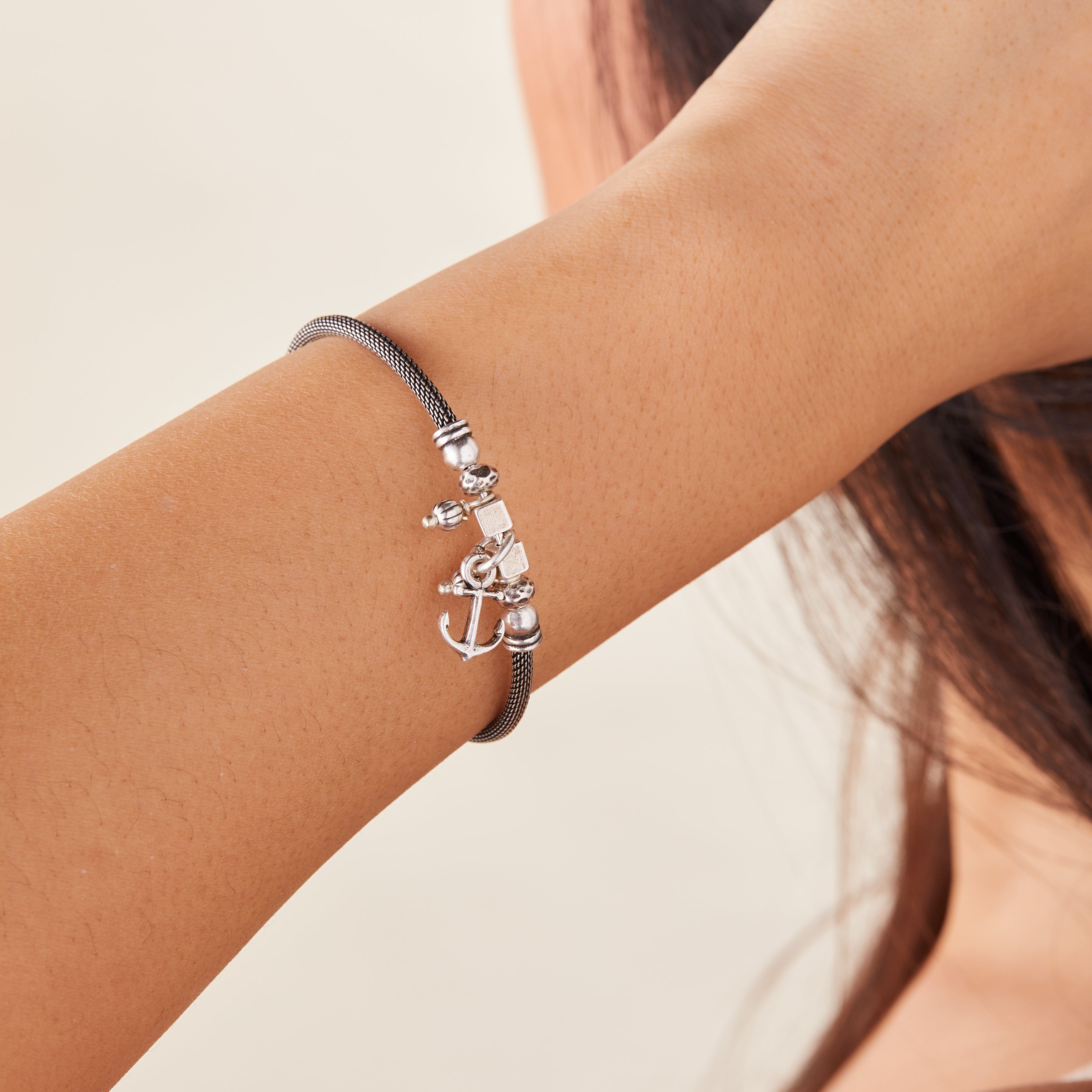 Hope Anchor Multi Charm Mesh Cuff Bracelet for Women - Adjustable Stylish Bangle for Everyday Wear, Layering & Gift Giving