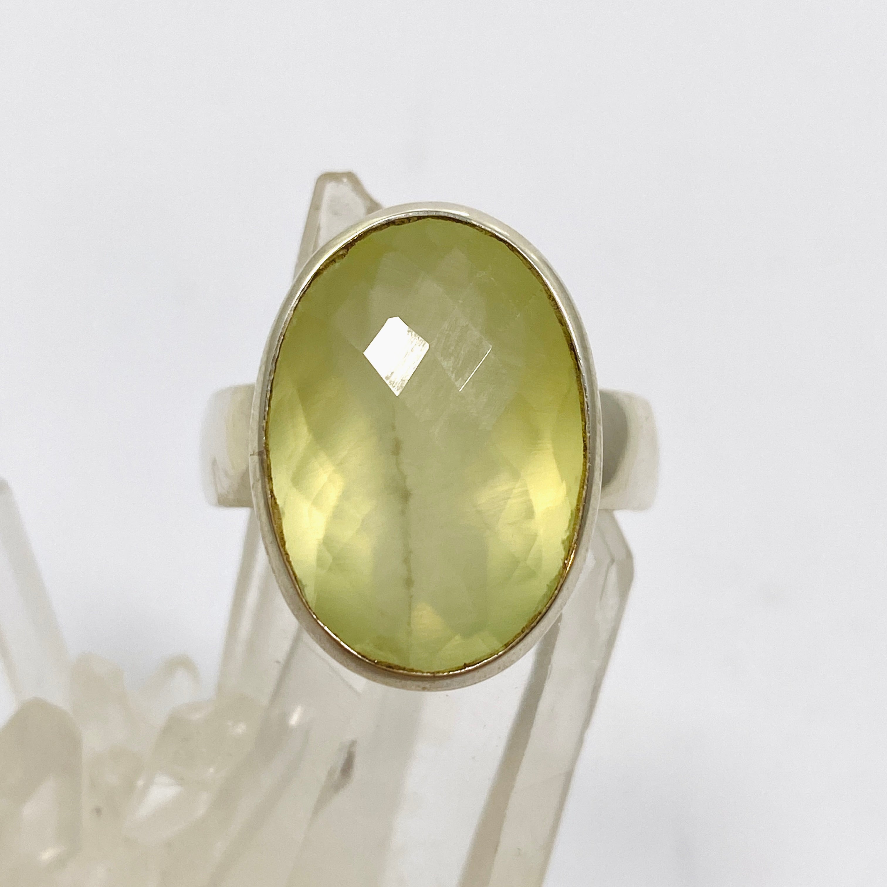 Prehnite Oval Checkerboard Faceted Ring - Size 12 Sterling Silver Jewelry for Women - Perfect for Wedding, Anniversary & Special Occasion Gifts