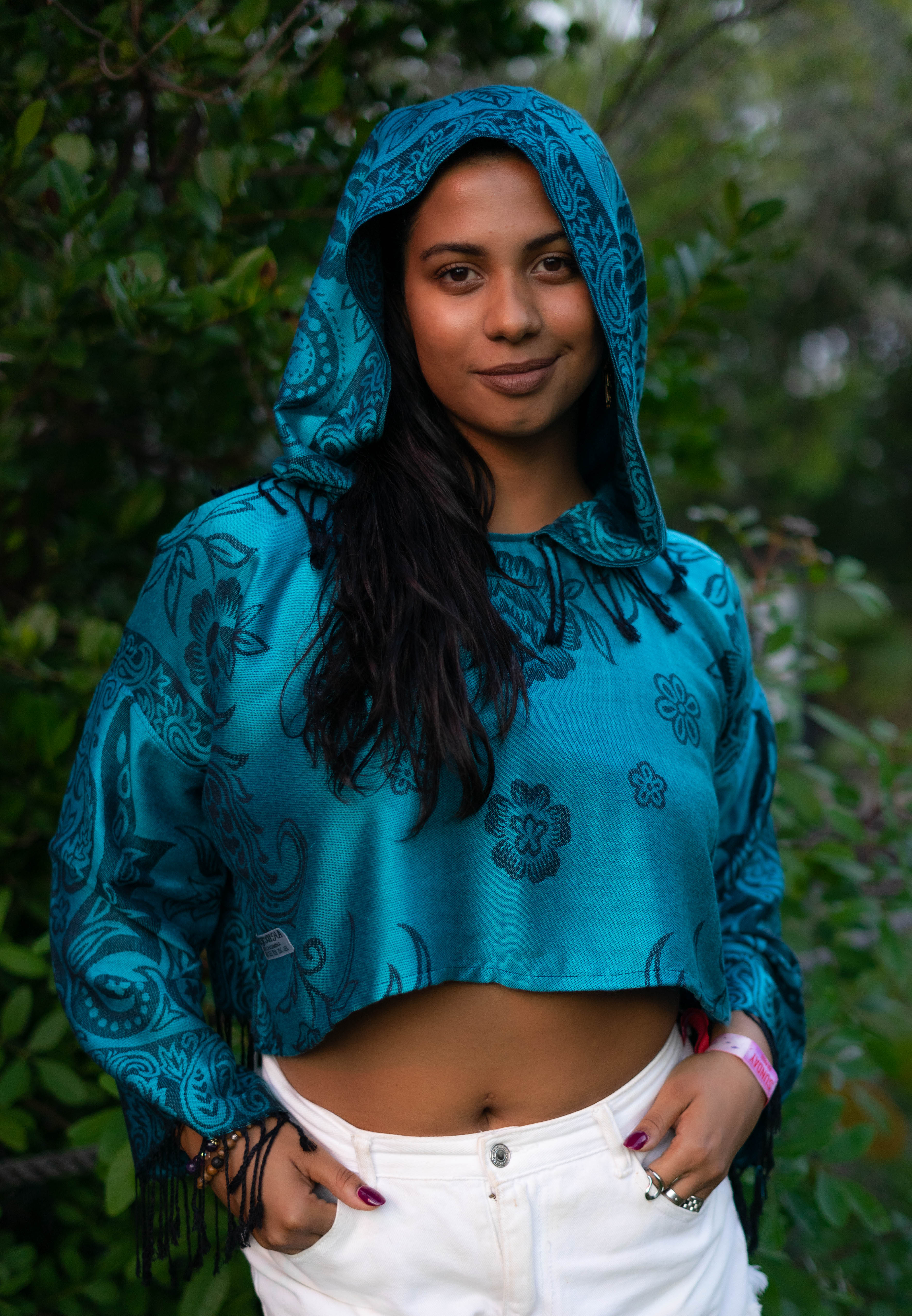 PASH LS Crop Top - Floral Print Turquoise & Black Women's Fashion Tops for Casual Wear, Street Style, and Layering