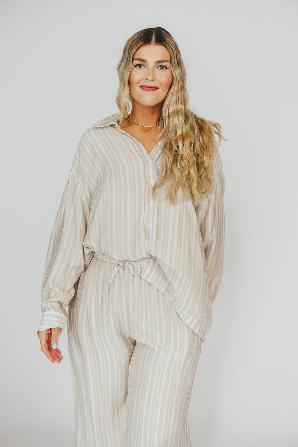 Sloane Striped Nursing-Friendly Button Down Shirt & Pants Set in Natural - Comfortable Maternity Outfit for Breastfeeding Moms