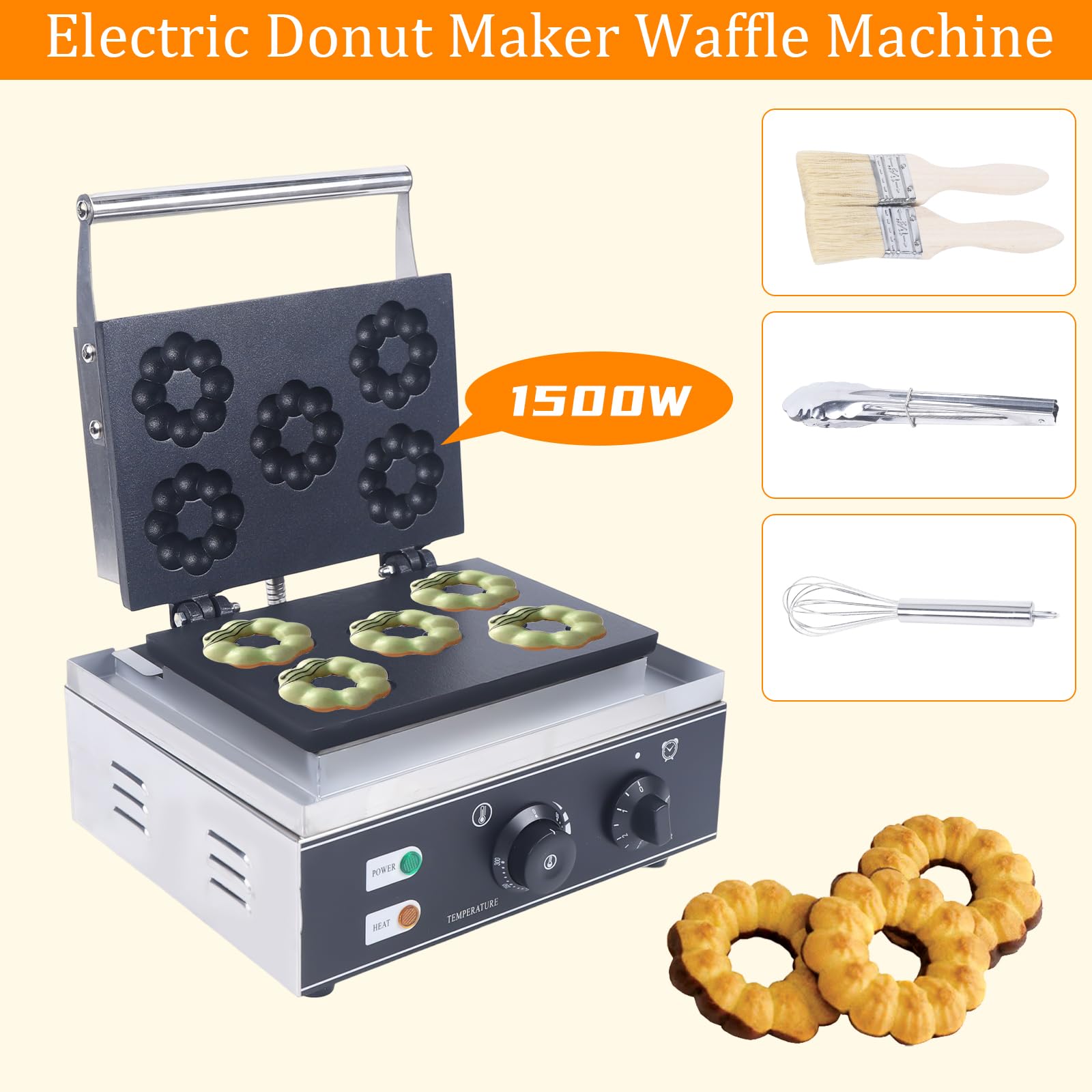 **Commercial 1500W Electric Donut Maker Machine - 5 Holes Double-Sided Non-Stick Waffle & Doughnut Baker for Professional Kitchens, Bakeries & Cafes (110V) - Perfect for Breakfast, Desserts & Party Snacks**