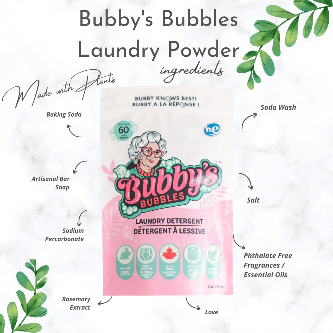 Bubby's Bubbles Powder Laundry Detergent - All-Natural, HE Compatible, Baby-Safe, Sensitive Skin Formula, Plant-Based, Vegan, Eco-Friendly Packaging - 60 Loads, Unscented - Perfect for Families, Newborns & Eco-Conscious Homes