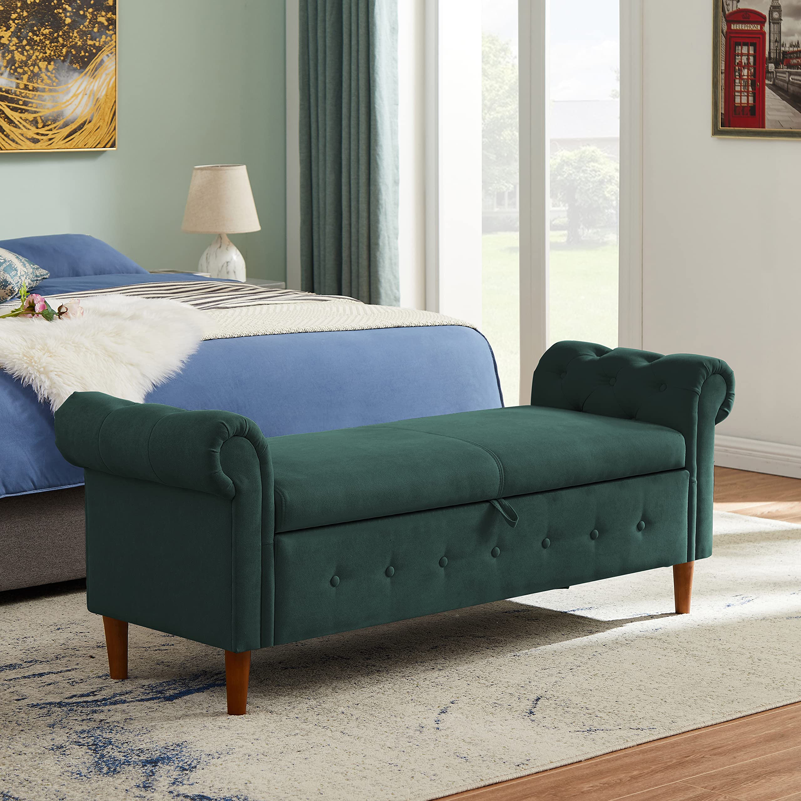 Yoglad Olive Green Multifunctional Storage Ottoman Bench - Rectangular Sofa Stool with Armrest, Contemporary Rolled Arm Design for Living Room, Bedroom & Home Decor (Perfect for Extra Seating & Hidden Storage)