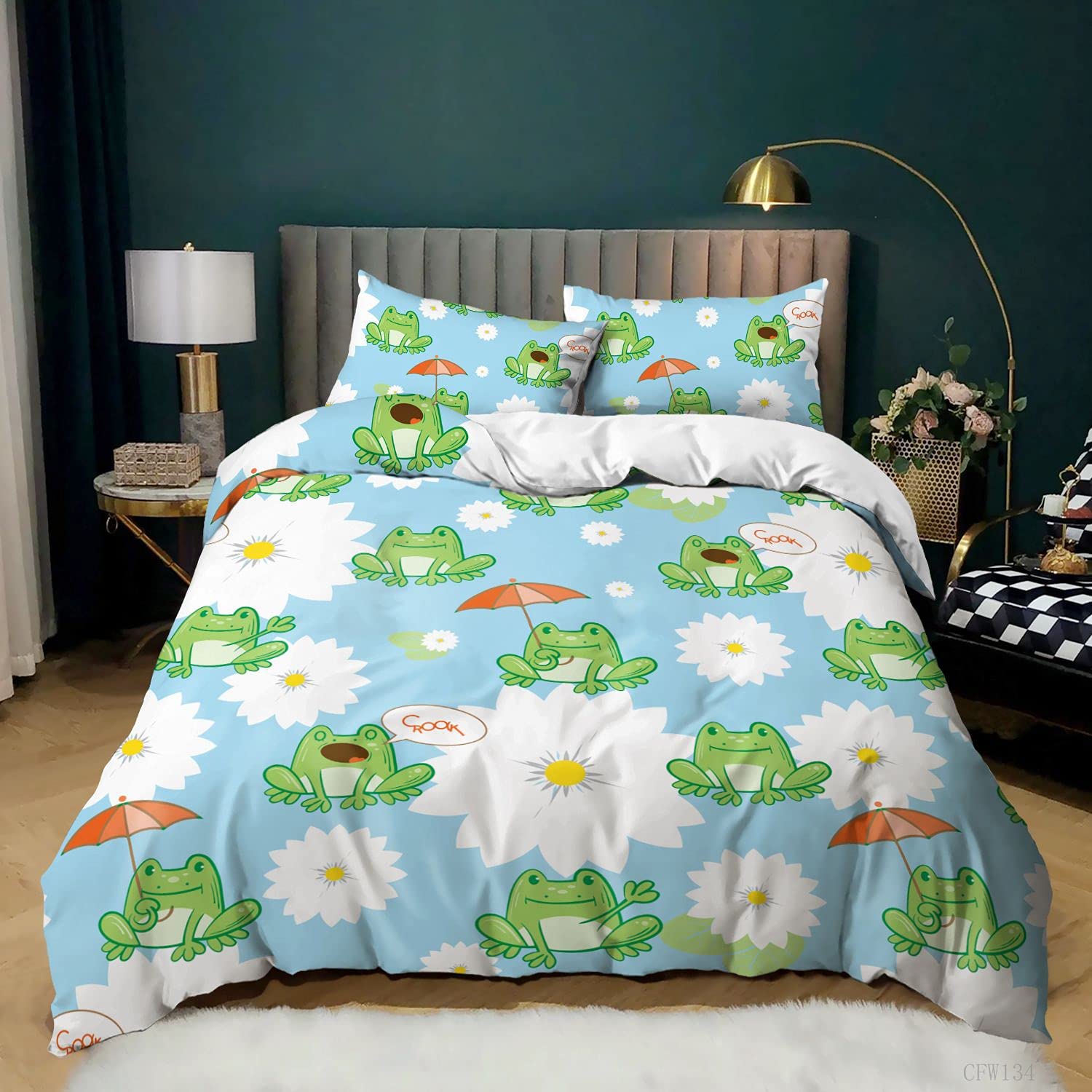 Cartoon Frog Pattern Kids Comforter Cover Set - Soft Luxury Microfiber Green Bedding with 2 Pillowcases for Boys Girls Teens - Twin Size 68