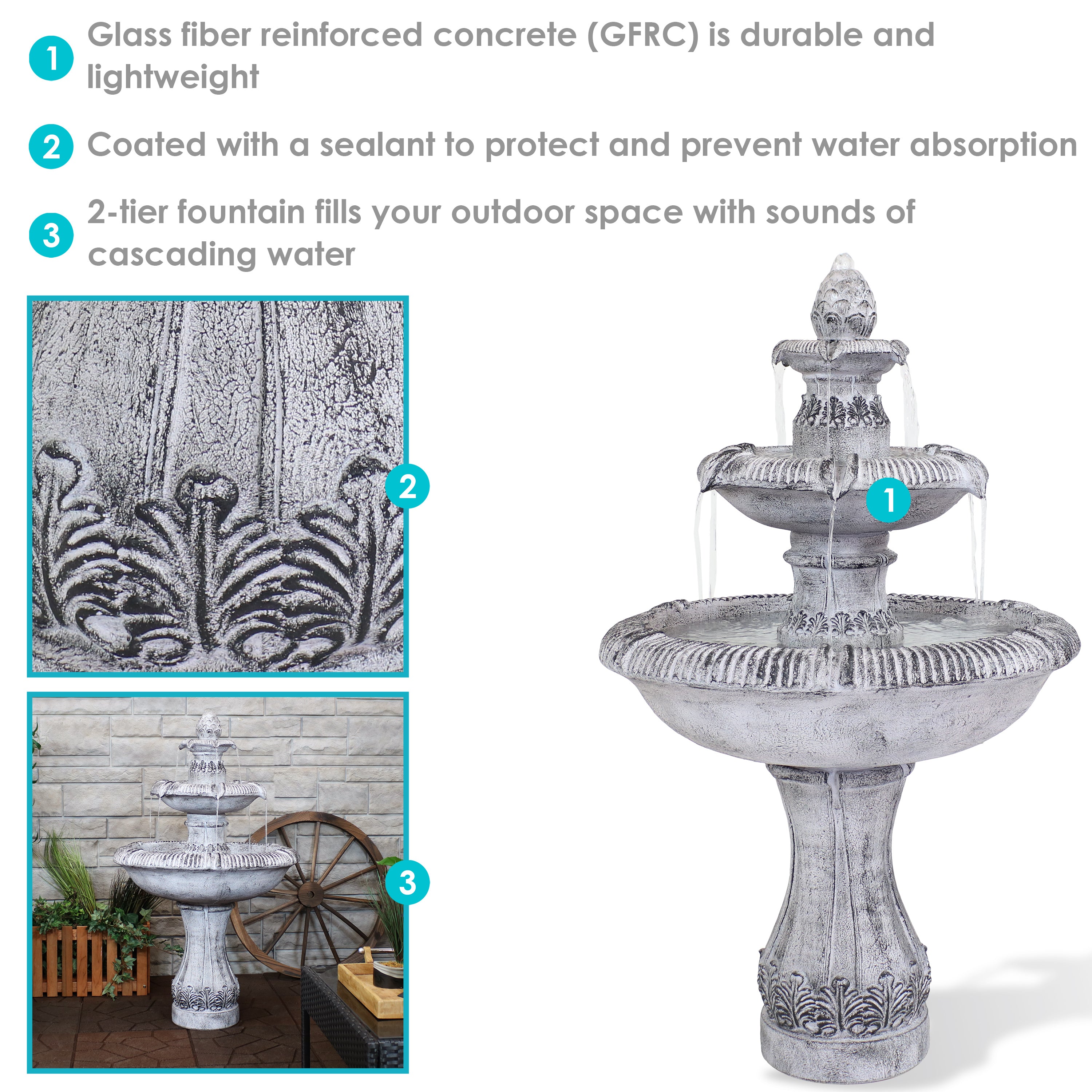45-Inch 3-Tier Outdoor Water Fountain with Mediterranean Design - Durable Reinforced Concrete for Garden, Patio, and Backyard Decor
