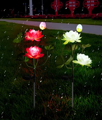2 Pack Solar Lotus Flower Lights - Waterproof Outdoor Solar Garden Lights for Pathway, Lawn, Patio, Yard - Decorative Solar Stake Landscape Lighting (White) | Perfect for Garden Decor, Walkway Illumination & Backyard Ambience