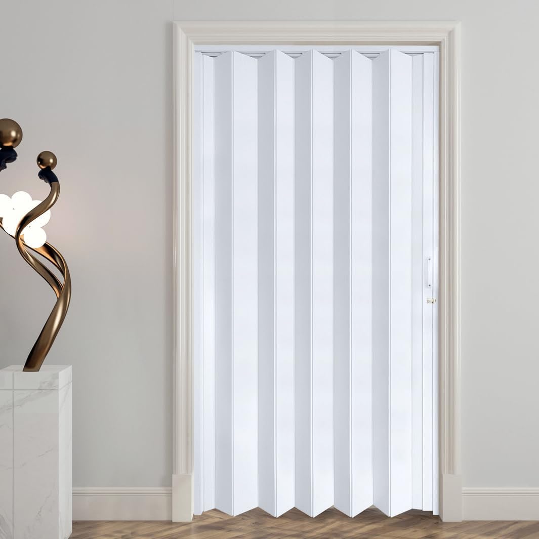 48x96 Inch White PVC Accordion Folding Door for Closet & Room Divider - DIY Interior Sliding Door with Mounting Hardware, Handle & Latch - Perfect for Bedrooms, Walk-in Closets & Small Spaces