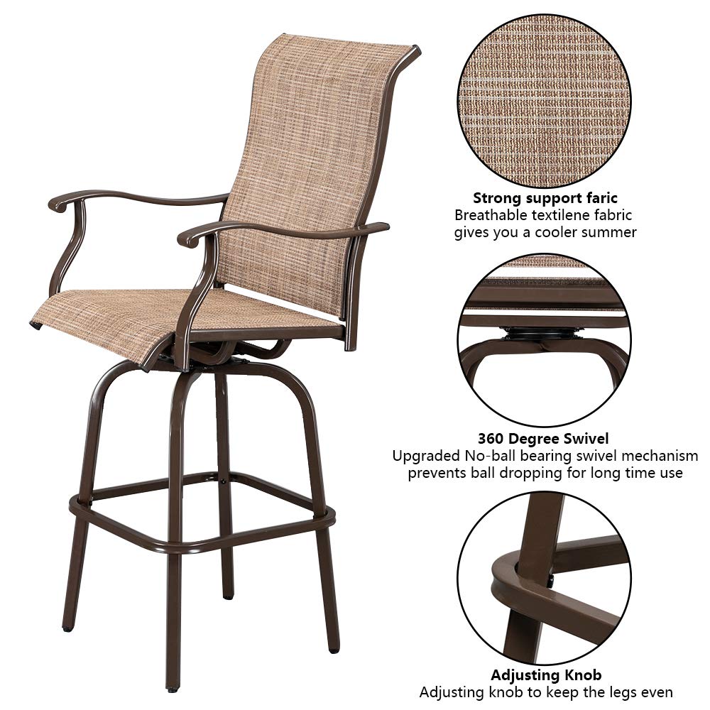VINGLI Upgraded 3-Piece Swivel Outdoor Bar Set - 2 Swivel Bar Stools & High Top Table for Patio, Garden, Yard, Deck - Weather-Resistant Brown Bistro Set for Outdoor Dining & Relaxation