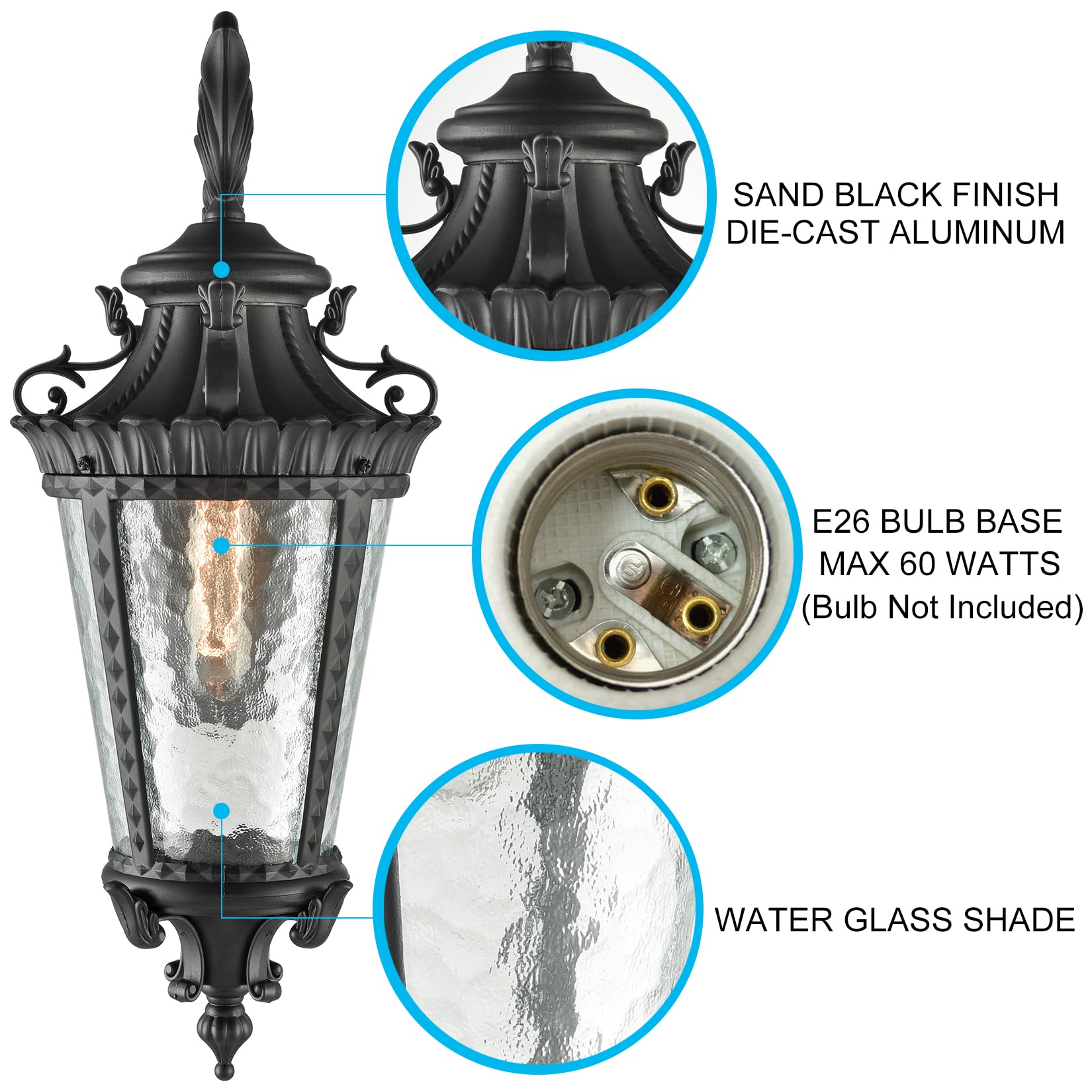 SAMTEEN Black Waterproof Outdoor Wall Lights with Glass Shade - 21.6