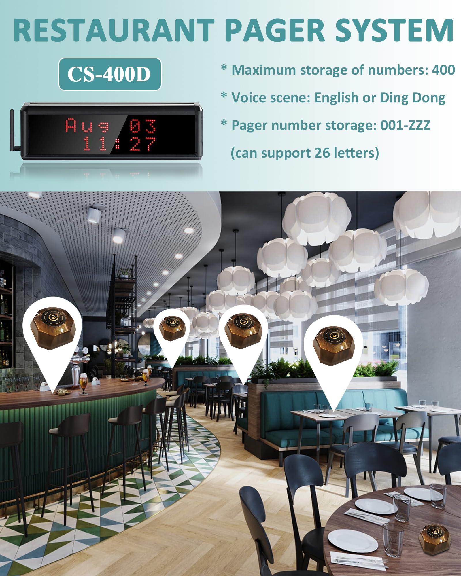 Wireless Restaurant Pager System - 1600+ Feet Range with Display Screen, Remote Control & 2 Waterproof Pagers (15 Call Buttons) for Efficient Customer Service in Restaurants, Cafes, and Hotels
