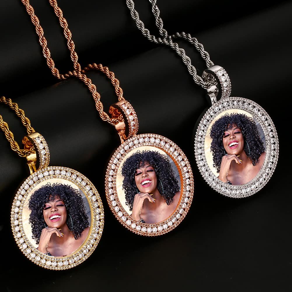 Personalized Photo Engraved Pendant Necklace - Custom Picture & Text Jewelry for Women & Men - Hip Hop Iced Out Memory Chain - Gift Box Included - Perfect for Anniversaries, Birthdays & Special Occasions