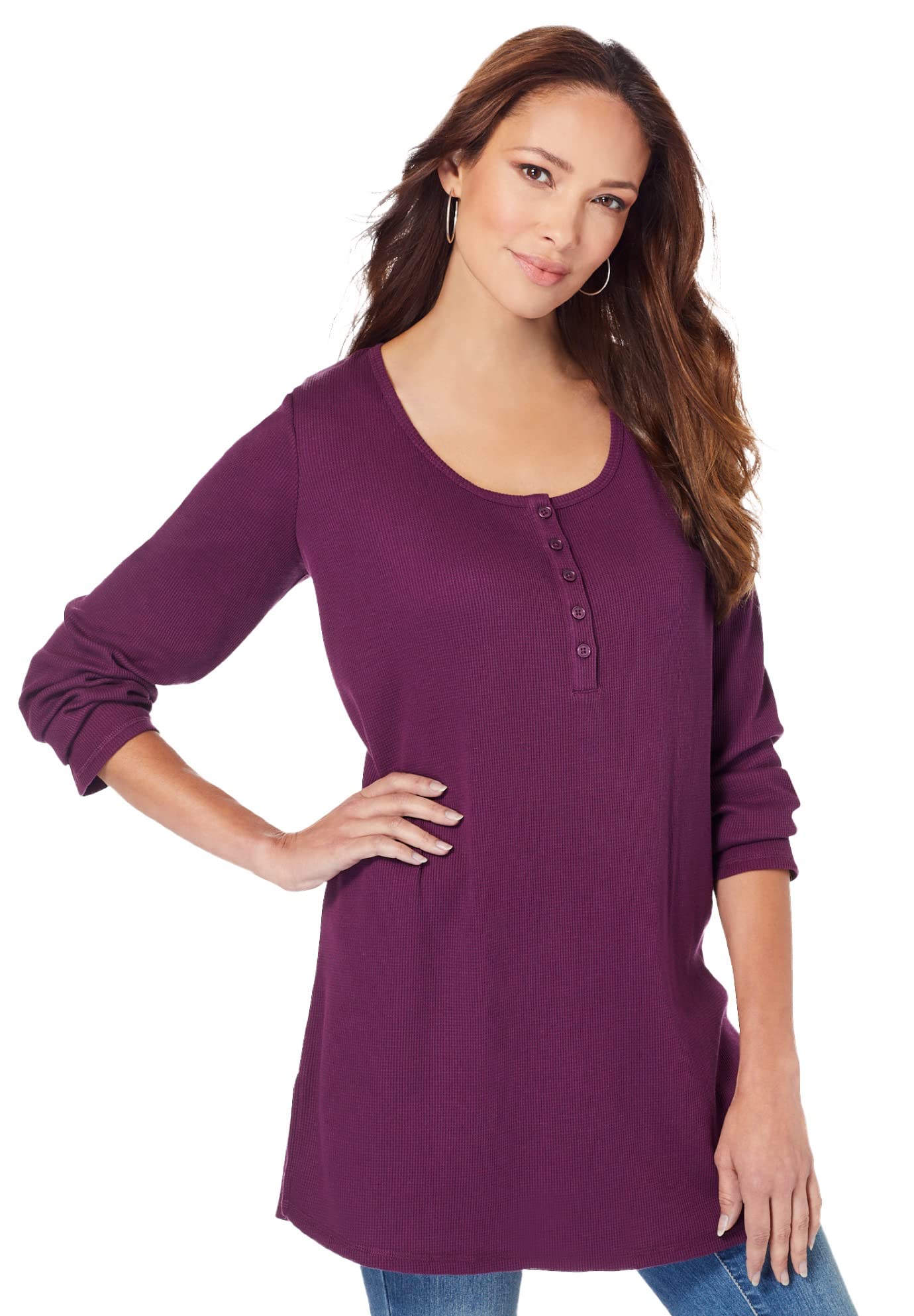 Roaman's Women's Plus Size Thermal Waffle Henley Tunic Long Sleeve Shirt - Warm Winter Layering Top for Casual Outfits & Outdoor Activities