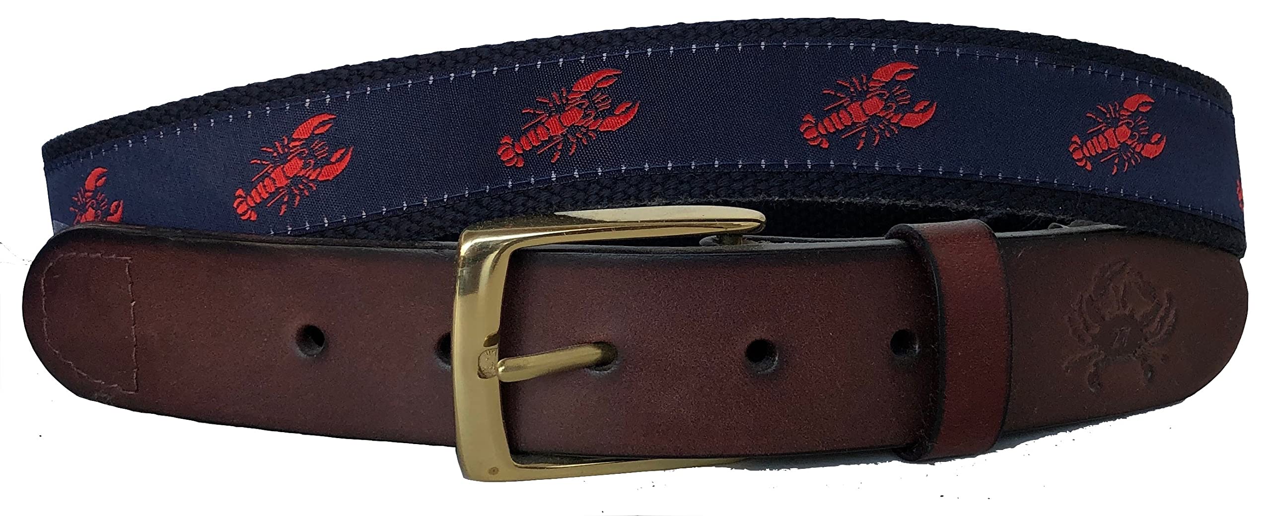 Premium Men's Lobster Leather Belt with Leather Tab & Buckle - Navy Blue Ribbon Strap with Red Lobster Design - Perfect for Casual Wear, Outdoor Adventures & Seafood Enthusiasts
