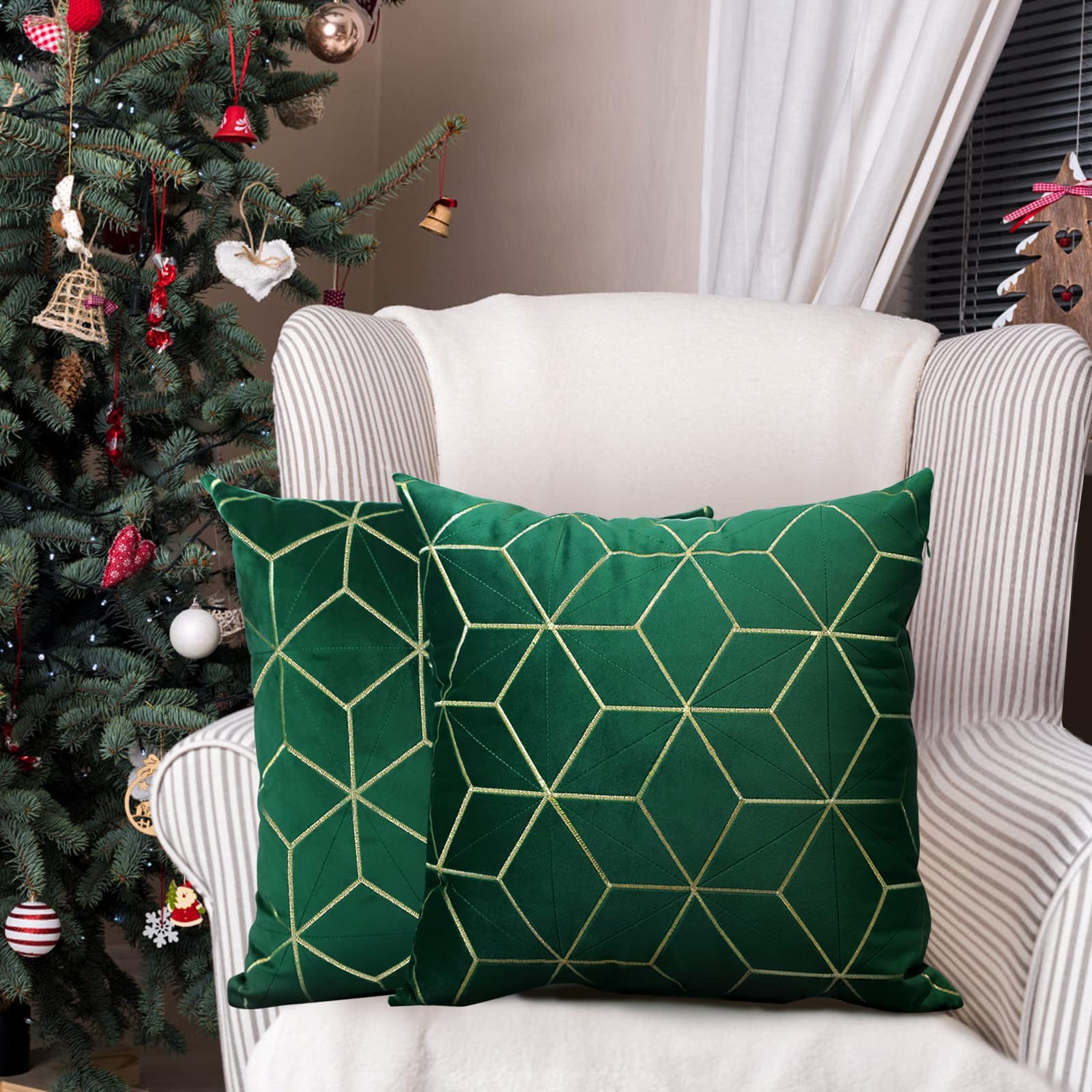 Soft Velvet Throw Pillow Covers 18x18 Inches (45x45cm) - 2 Pack Dark Green Embroidered Cushion Cases with Golden Diamond Pattern - Luxury Decorative Pillow Covers for Sofa, Bed, Car & Home Decor