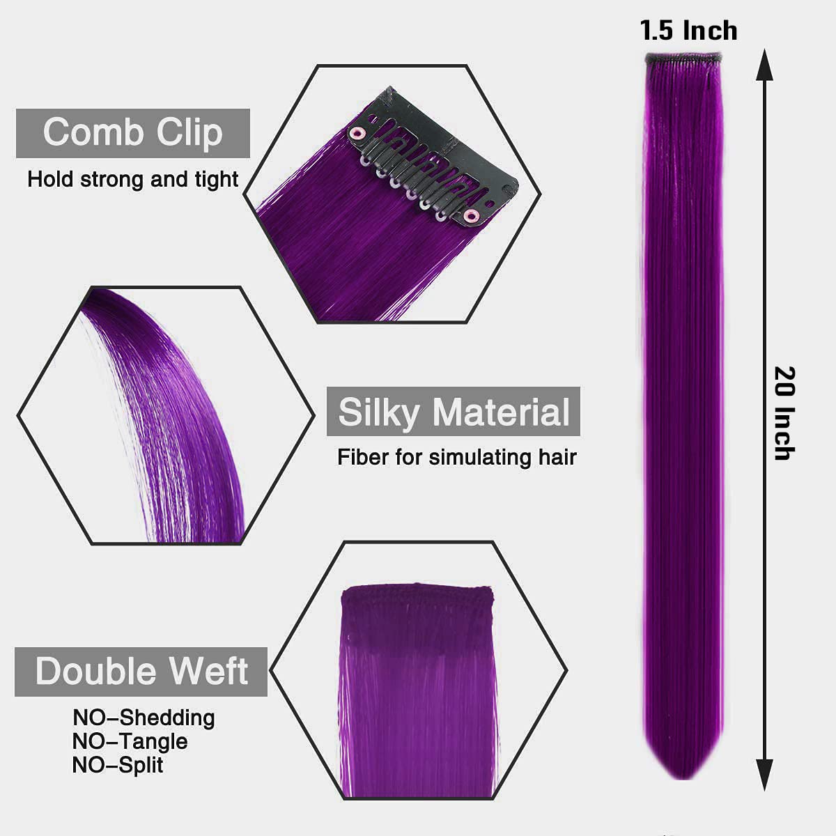 Flushia Reusable Purple Hair Streaks Extensions for Women - 2 Pack | Clip-In Colored Hair Highlights for Parties, Cosplay & Daily Styling