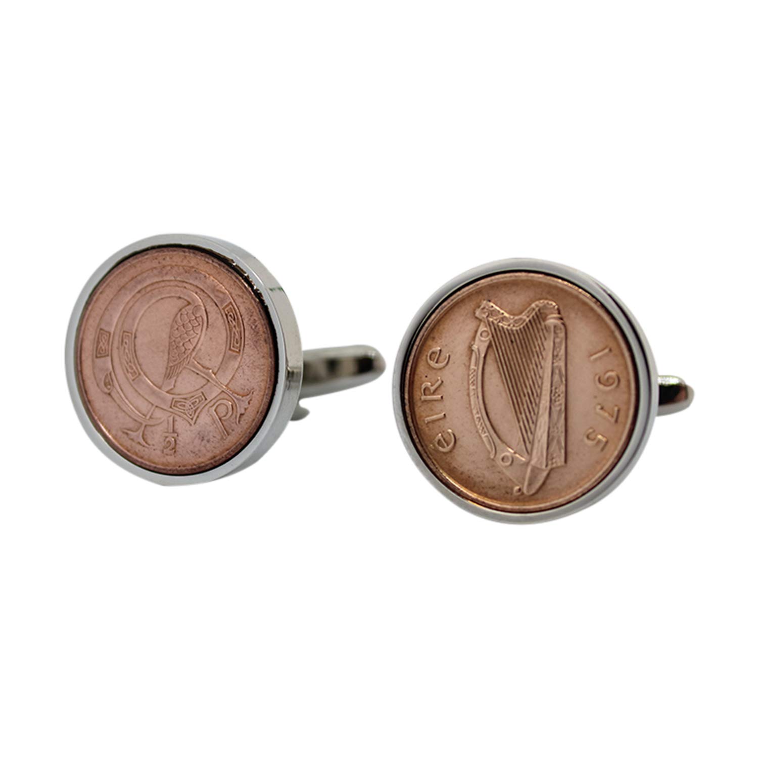 1975 Irish 1/2p Coin Cufflinks for Men - Rhodium Plated Vintage Birthday Gift - Perfect for Weddings, Anniversaries & Formal Events