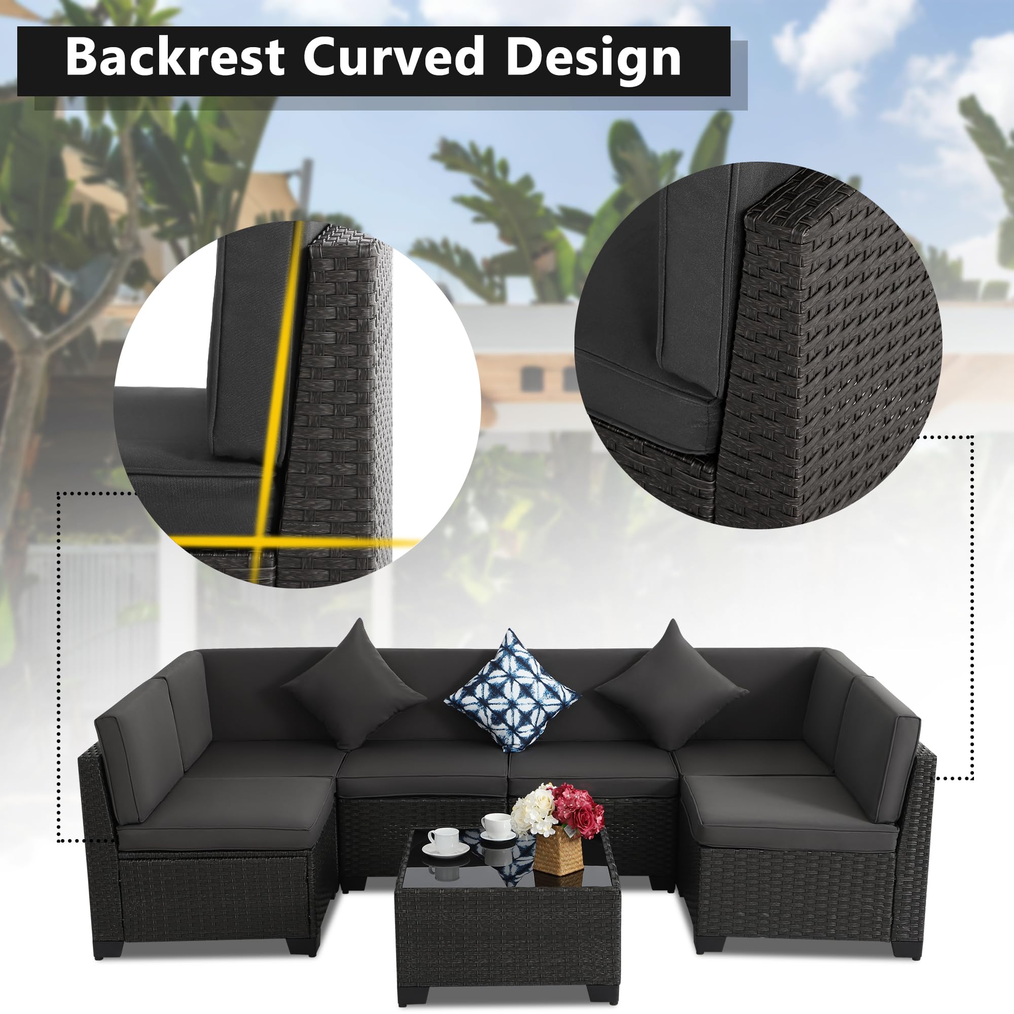 **KIGOTY 7-Piece Modular Outdoor Sectional Sofa Set - All-Weather PE Wicker Patio Furniture with Cushions & Glass Coffee Table (Green Cushions, Gray) - Perfect for Backyard, Poolside, or Garden Relaxation**