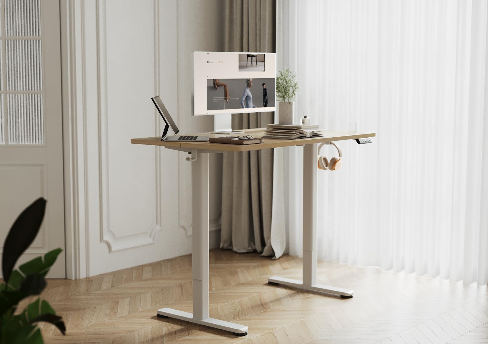 YDN 48x24 Inch Electric Standing Desk - Adjustable Height Sit Stand Home Office Desk with Splice Board, Natural Wood Top - Ergonomic Workstation for Home & Office Productivity