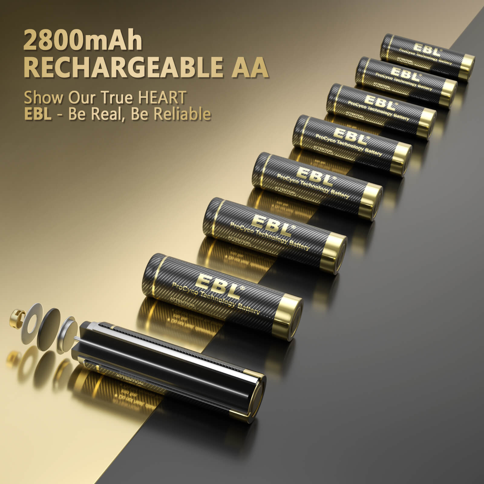 EBL Gold Pro 2800mAh Rechargeable AA Batteries - High Capacity NiMH Battery Pack for Digital Cameras, Flashlights, Toys & More