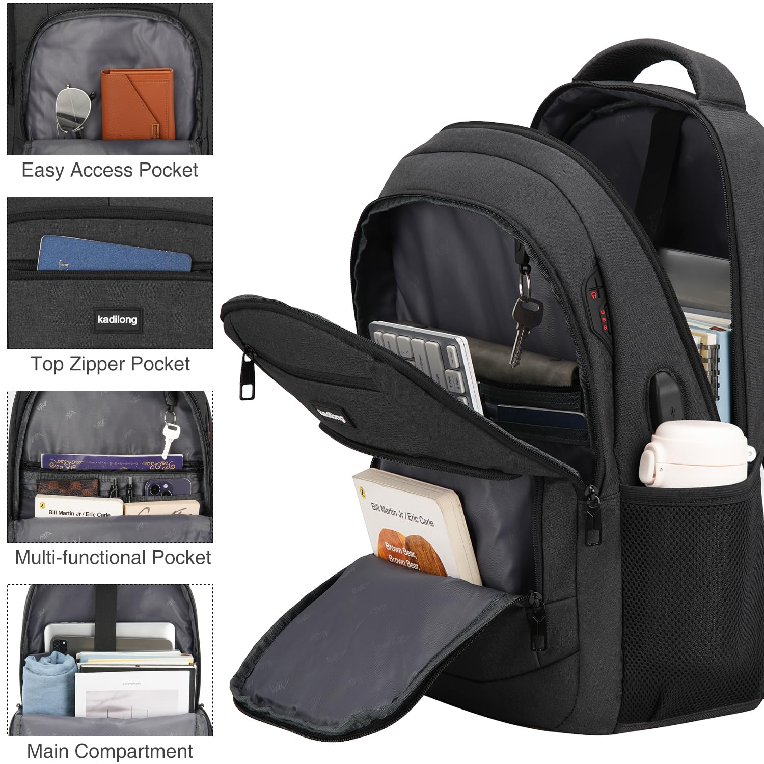 Men's Laptop Backpack with USB Charging Port - Durable School & College Bookbag for Teen Boys, Fits 15.6 Inch Laptop & Notebook, Ideal for Work, Business, Middle & High School, Black - Perfect for Daily Commute & Travel