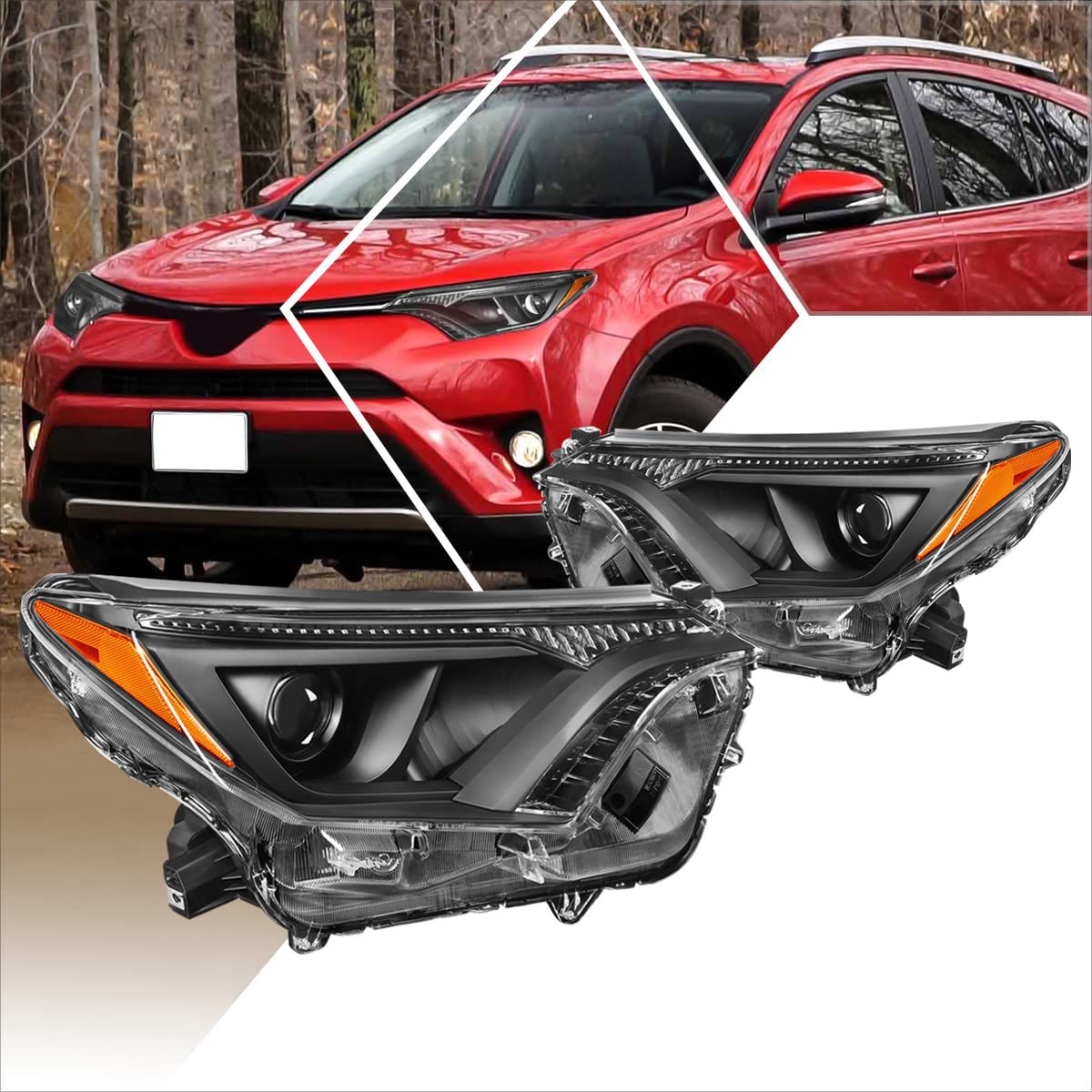 PM PERFORMOTOR 2Pcs Black Housing Projector Headlights Assembly with Amber Corner - Compatible with Toyota RAV4 2016-2018 | High Visibility LED Headlamps for Night Driving & Off-Road Adventures