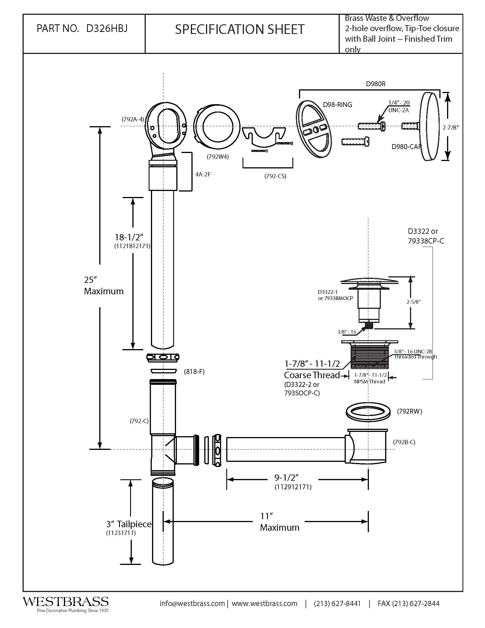 Westbrass D326HBJ-26 25-Inch Bath Waste Drain Assembly with Ball Joint - Tip-Toe Drain & Illusionary Overflow Faceplate - Polished Chrome Finish for Bathtub Installation & Bathroom Renovation