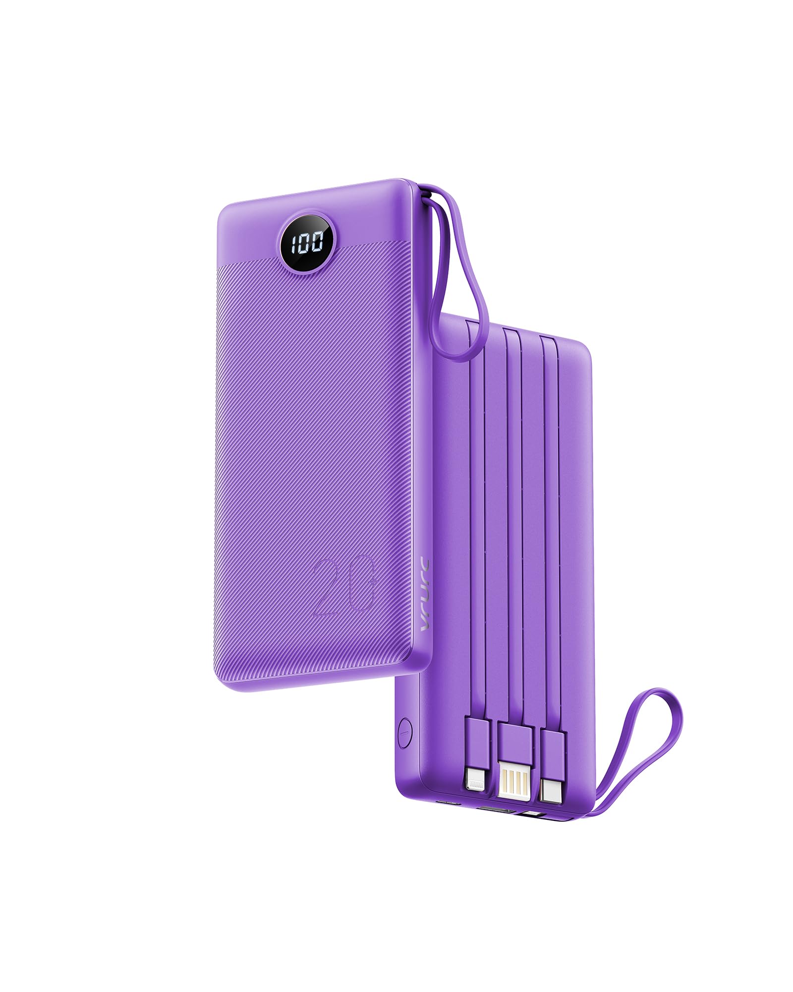 VRURC 20000mAh Portable Charger with Built-in Cables - 22.5W Fast Charging Power Bank with LED Display, 4 Outputs & 2 Inputs for iPhone 15/14/13/Pro, Samsung & Android Devices - Purple (1 Pack) | Perfect for Travel, Camping & Emergency Power Backup