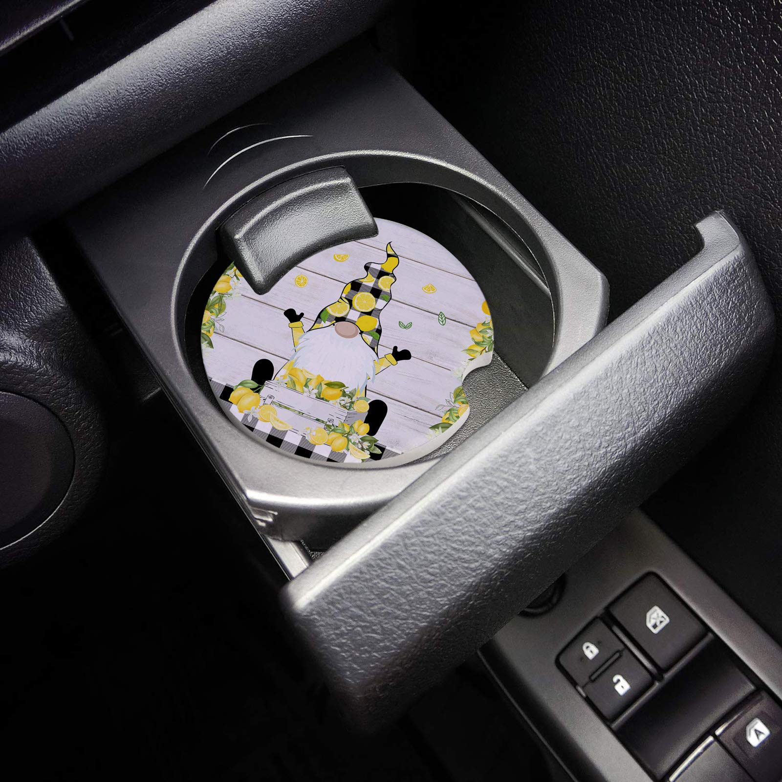 Absorbent Car Coasters for Drinks - Pack of 2/4/6, Summer Lemon Funny Gnome Buffalo Ceramic Stone Cup Holder - 2.56 Inch Non-Slip Drink Coasters Set for Car, Truck & Vehicle Interior Accessories - Perfect for Road Trips, Commuting & Daily Use