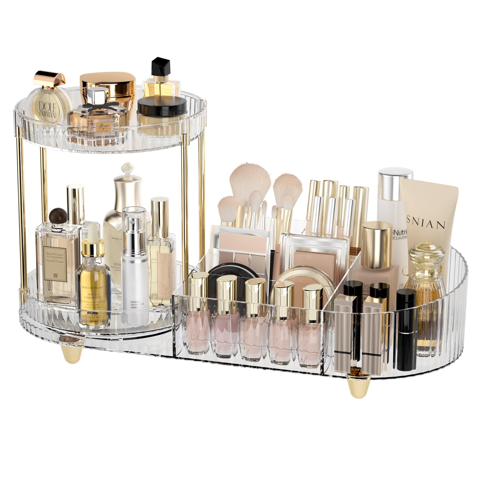 Rotating Makeup Organizer for Vanity - 2-in-1 Cosmetic & Skincare Storage with Perfume Tray | Perfect for Bathroom Counter, Dresser, or Desk Organization (Makeup Display Case & Holder)