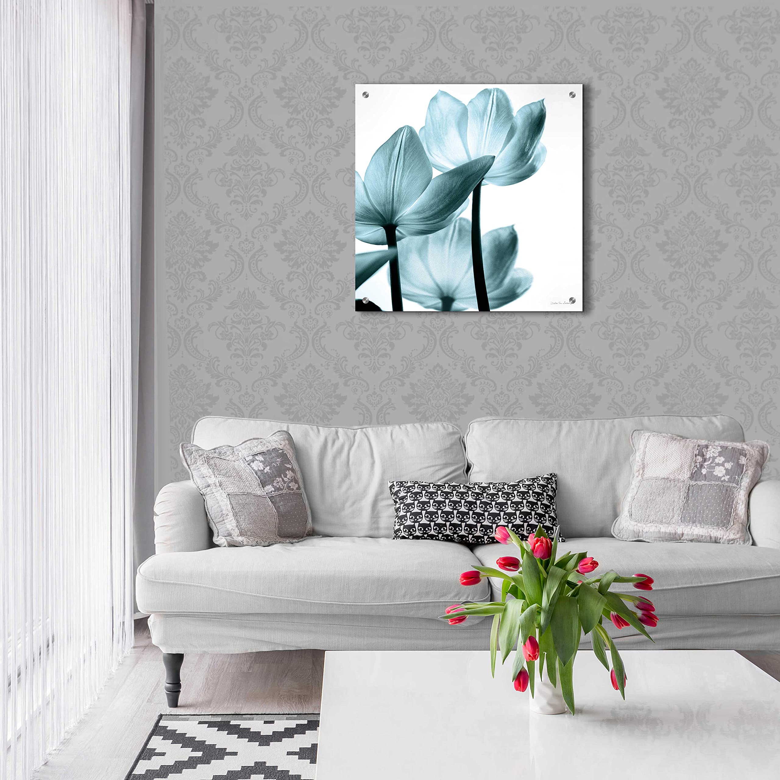 Debra Van Swearingen Translucent Tulips III Aqua Acrylic Glass Wall Art - 24x24 Inch Modern Abstract Floral Painting for Living Room, Bedroom & Office Decor