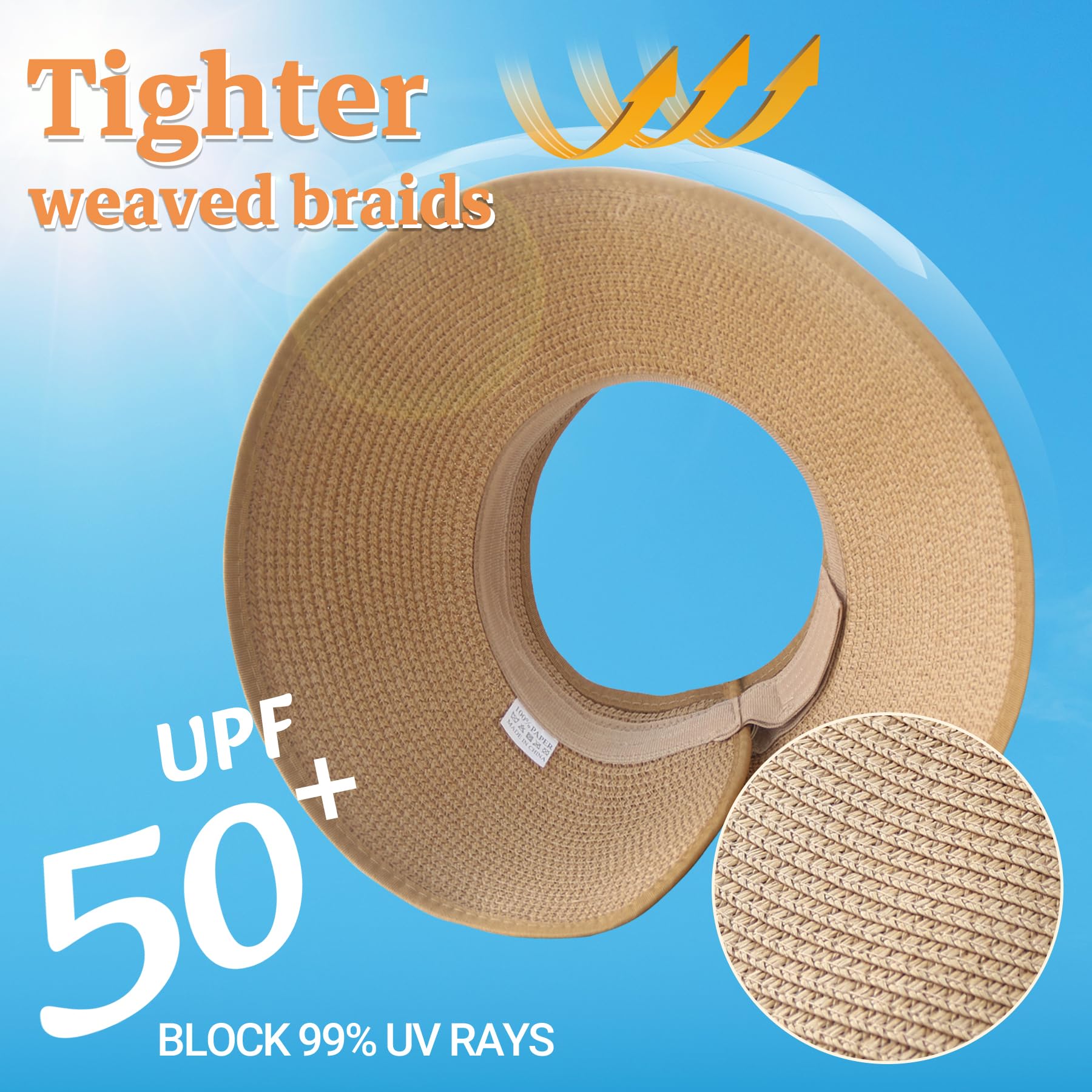 Women's Wide Brim Straw Sun Hat - Foldable Roll Up UV Protection Beach Visor with Ponytail Hole - Perfect for Summer, Travel, and Outdoor Activities