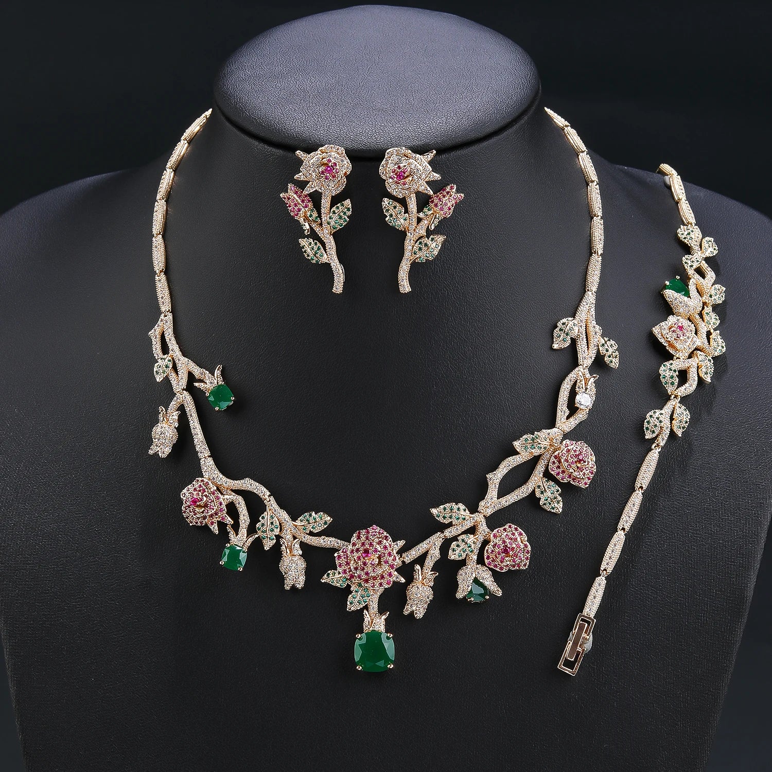 Luxury 3-Piece Cubic Zirconia Rose Flower Jewelry Set - Necklace, Earrings & Bracelet for Women | Bridal Wedding Party Accessories | Perfect for Anniversary, Valentine's Day & Special Occasions