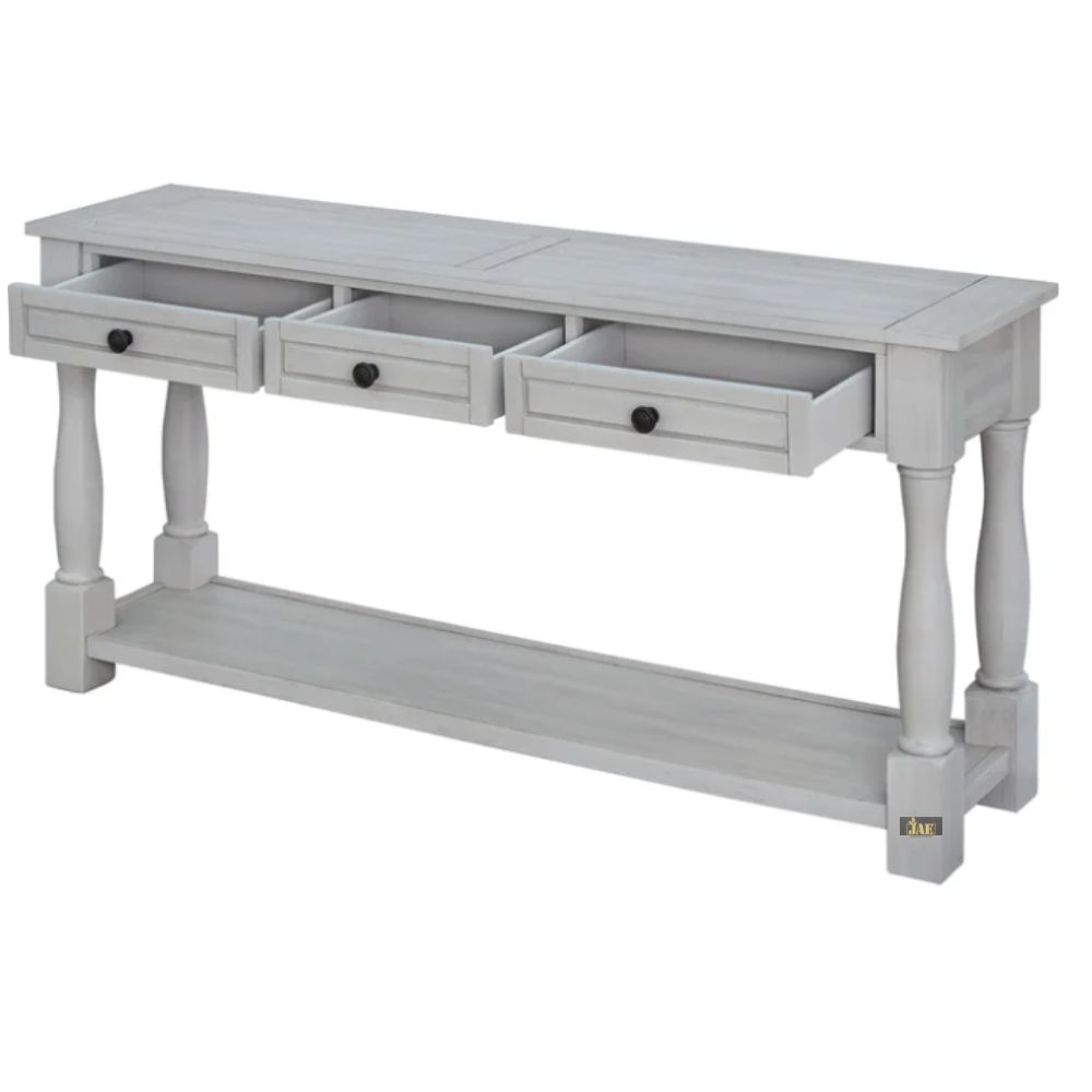 French Provincial Style Grey Wooden Pillar Console Table - Elegant Entryway Furniture for Hallway, Living Room & Foyer Decor