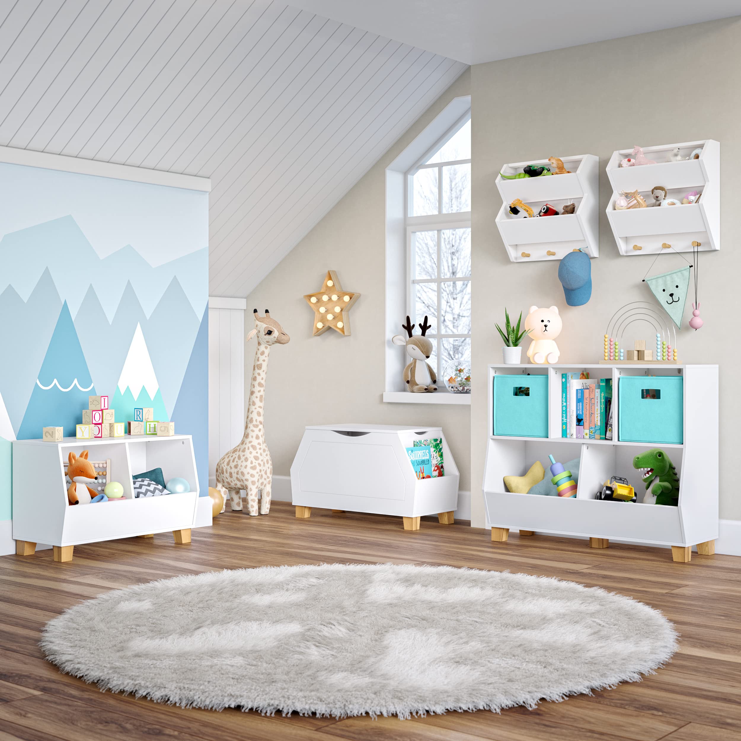 RiverRidge 35-Inch Wide Kids Toy Storage Organizer with 3 Cubbies & 2 Fabric Bins - White & Aqua Toy Bin for Playroom, Nursery, or Bedroom Organization - Perfect for Storing Toys, Books, and Kids Room Decor