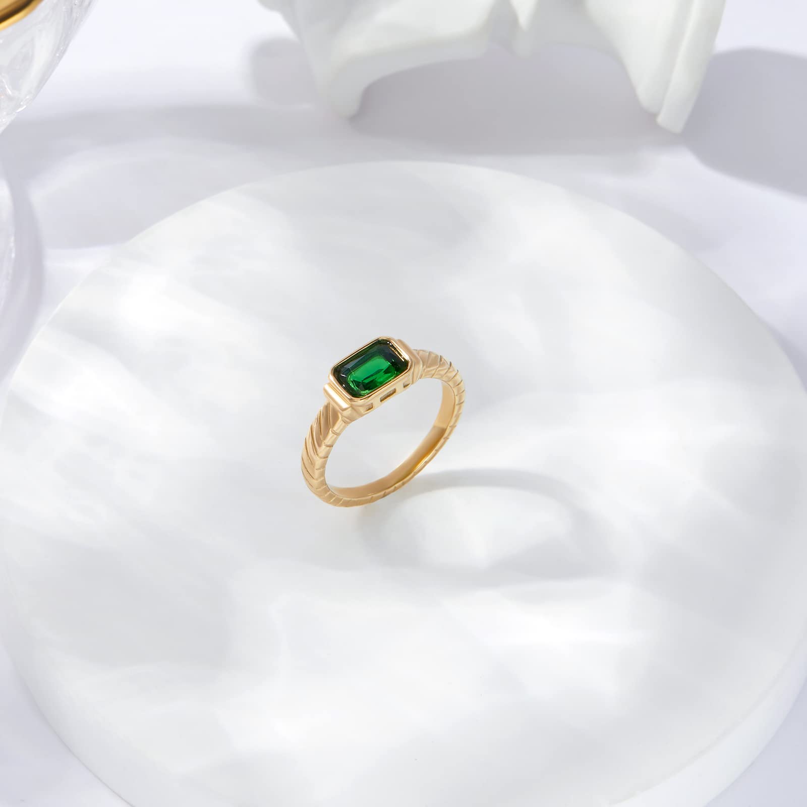 14K Gold Plated Emerald Rings for Women - Dainty Green Gemstone Rings with CZ, Non-Tarnish, Size 6/7/8/9 | Elegant Gift for Anniversary, Birthday & Special Occasions