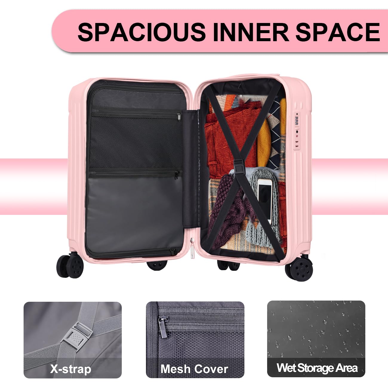 Krute 20 Inch Carry On Luggage - Airline Approved PC+ABS Hardshell Suitcase with 360° Double Spinner Wheels & TSA Lock (Pink) - Perfect for Business Travel, Weekend Getaways & Airplane Cabins
