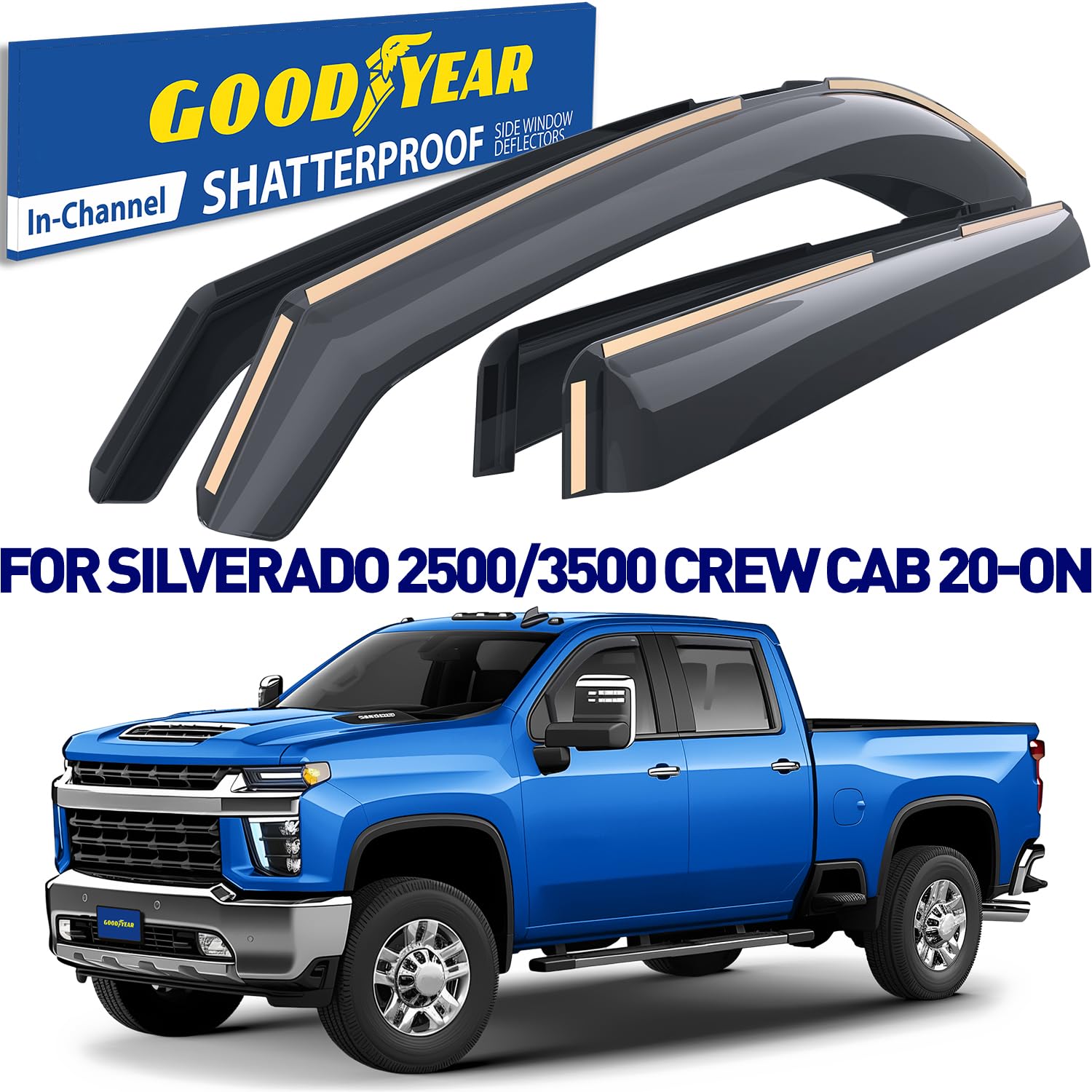 Goodyear Shatterproof In-Channel Window Deflectors for Chevy Silverado/Sierra 2500HD/3500HD 2020-2025 Crew Cab - 4pc Rain Guards & Vent Visors - Car Accessories for Weather Protection & Improved Airflow