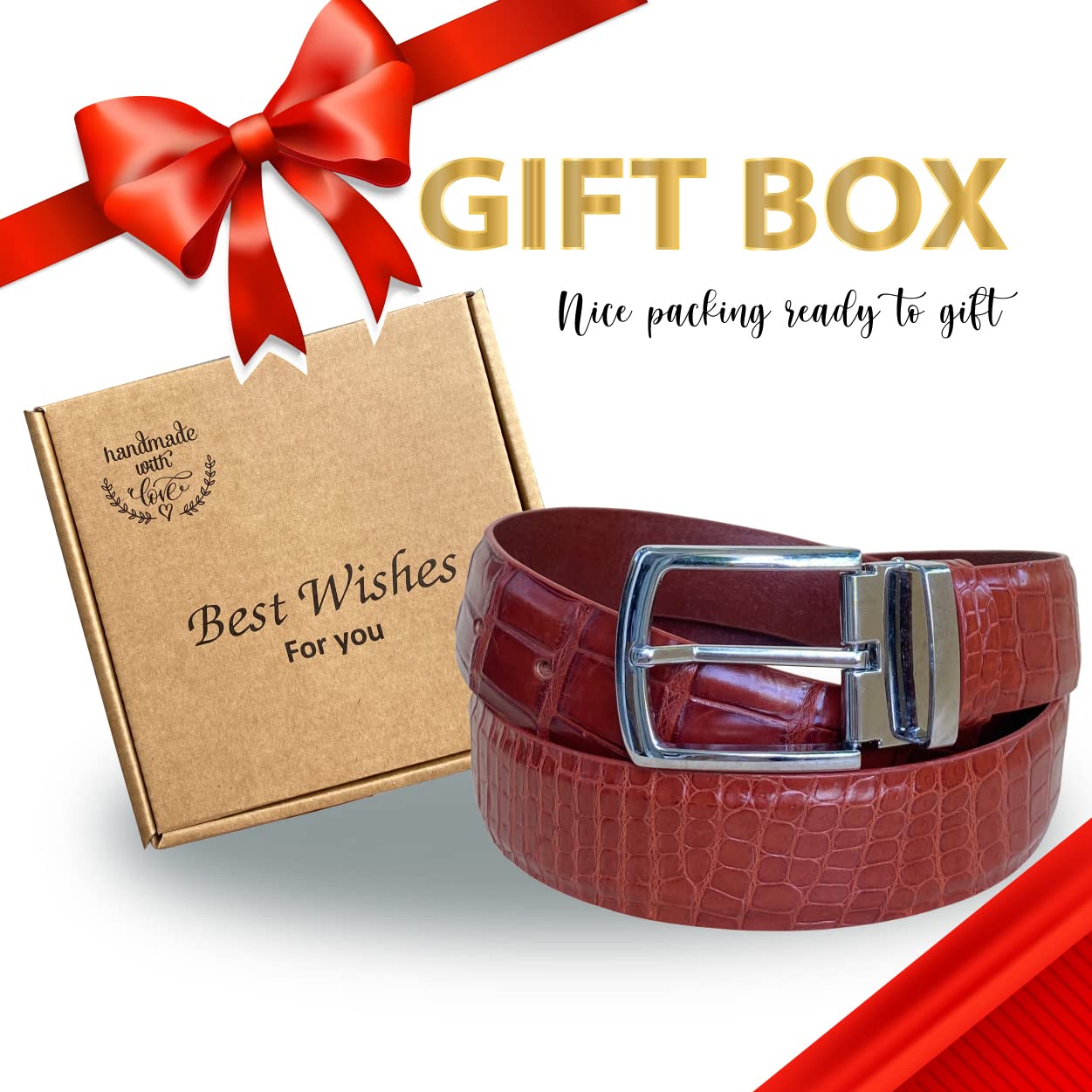 Alligator Leather Belt for Men - Handmade Genuine Leather Dress Belt with Durable Buckle - Classic Fashion Gift for Dad, Boss, Teacher - Perfect for Office, Wedding & Formal Occasions